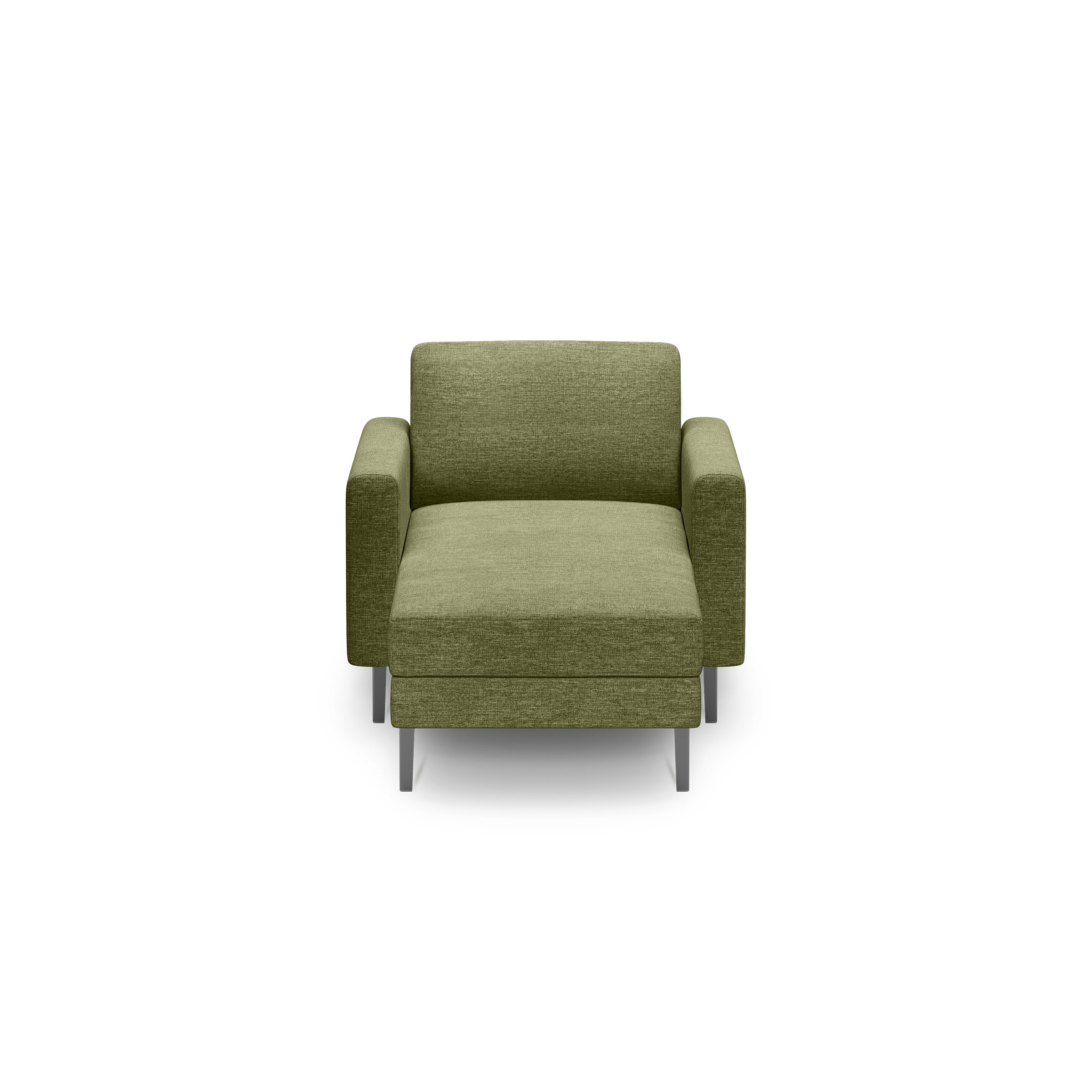 Green upholstered armchair with wide cushions, straight armrests, and slender metal legs, shown against a black background.