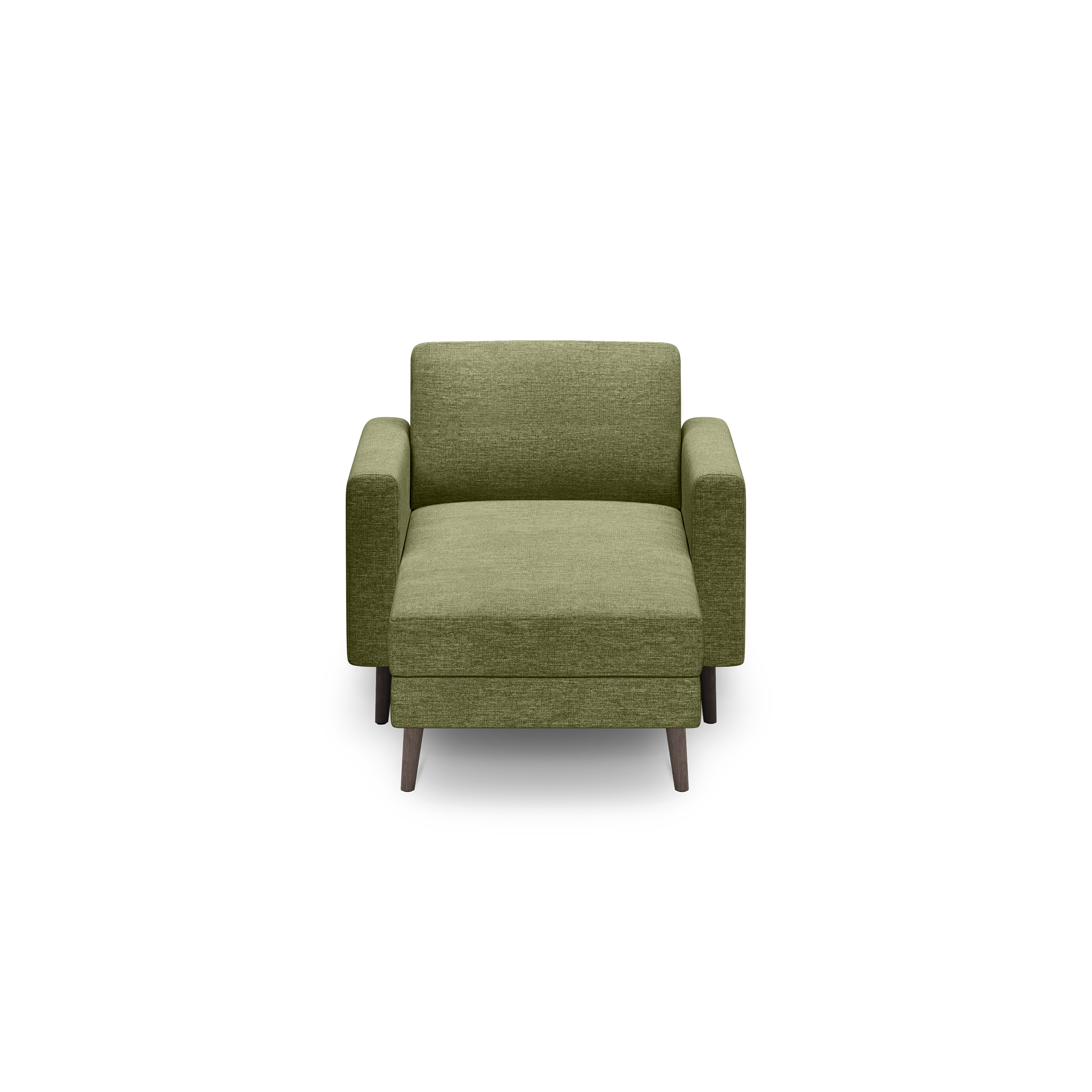 Front view of a modern olive green upholstered armchair with straight armrests and wooden legs on a black background.