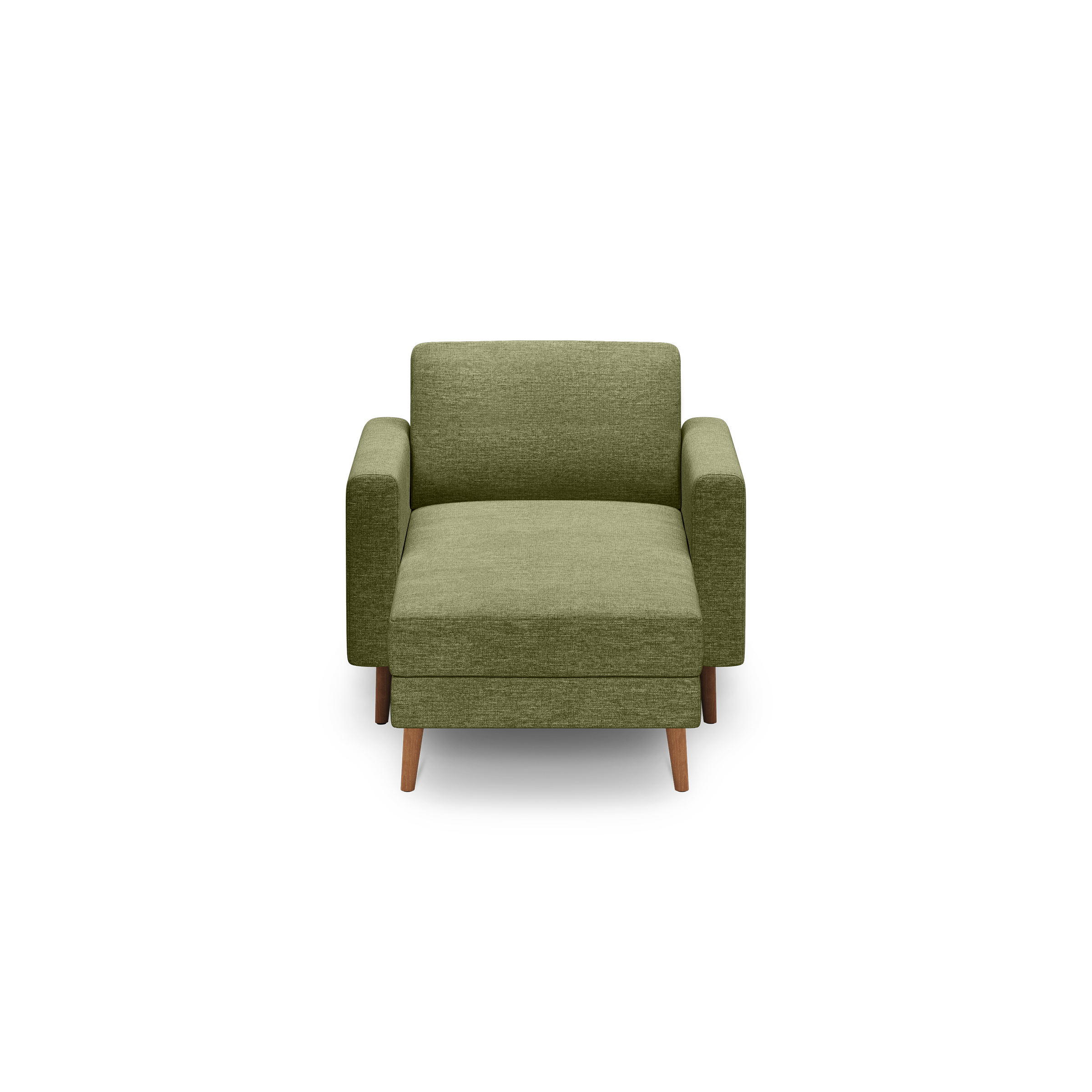 Front view of a modern olive green armchair with wooden tapered legs and boxy armrests on a black background.