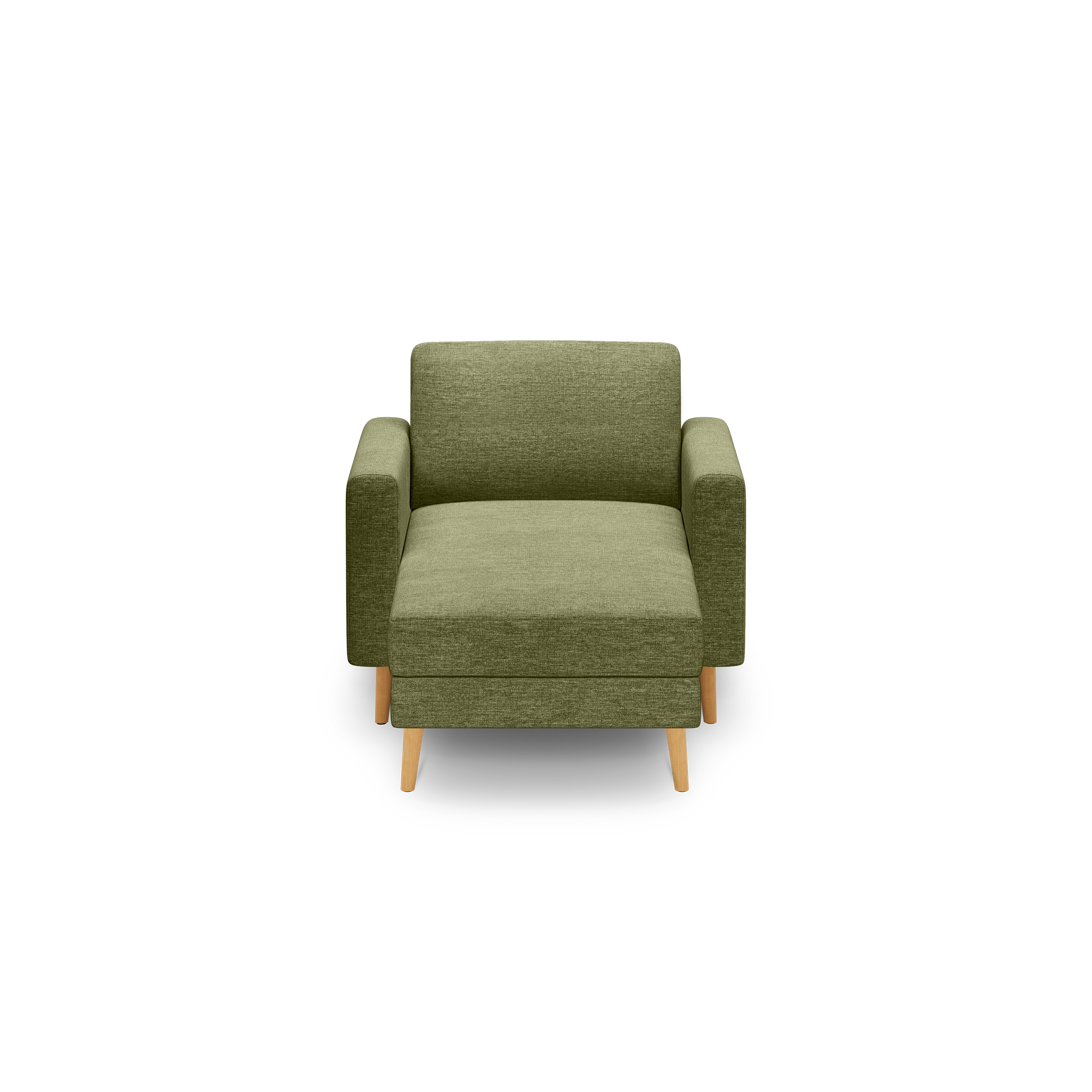 Front view of a modern olive green fabric armchair with wooden legs, featuring a boxy design and padded armrests.