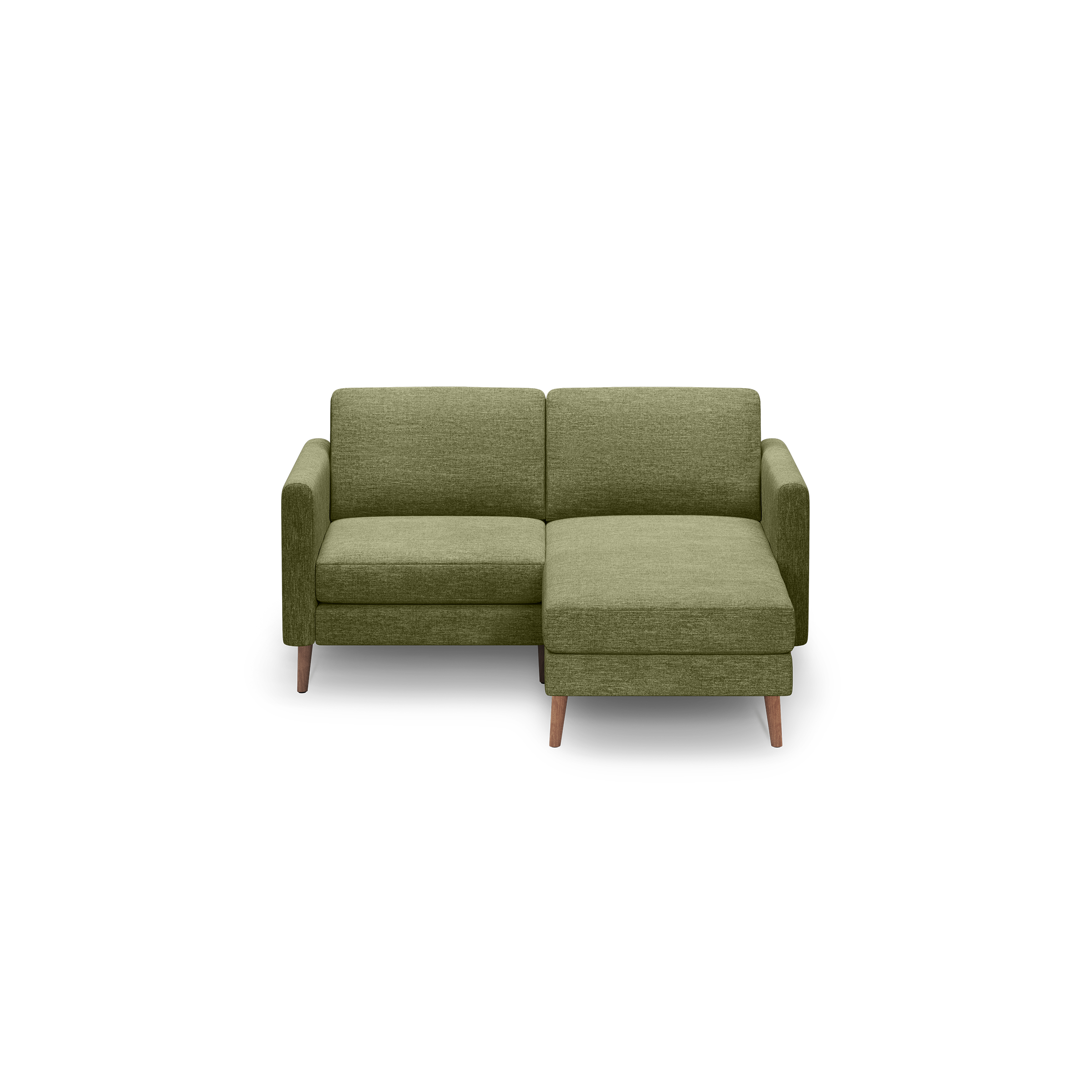 Green fabric upholstered modern sectional sofa with wooden legs and right-side chaise lounge.