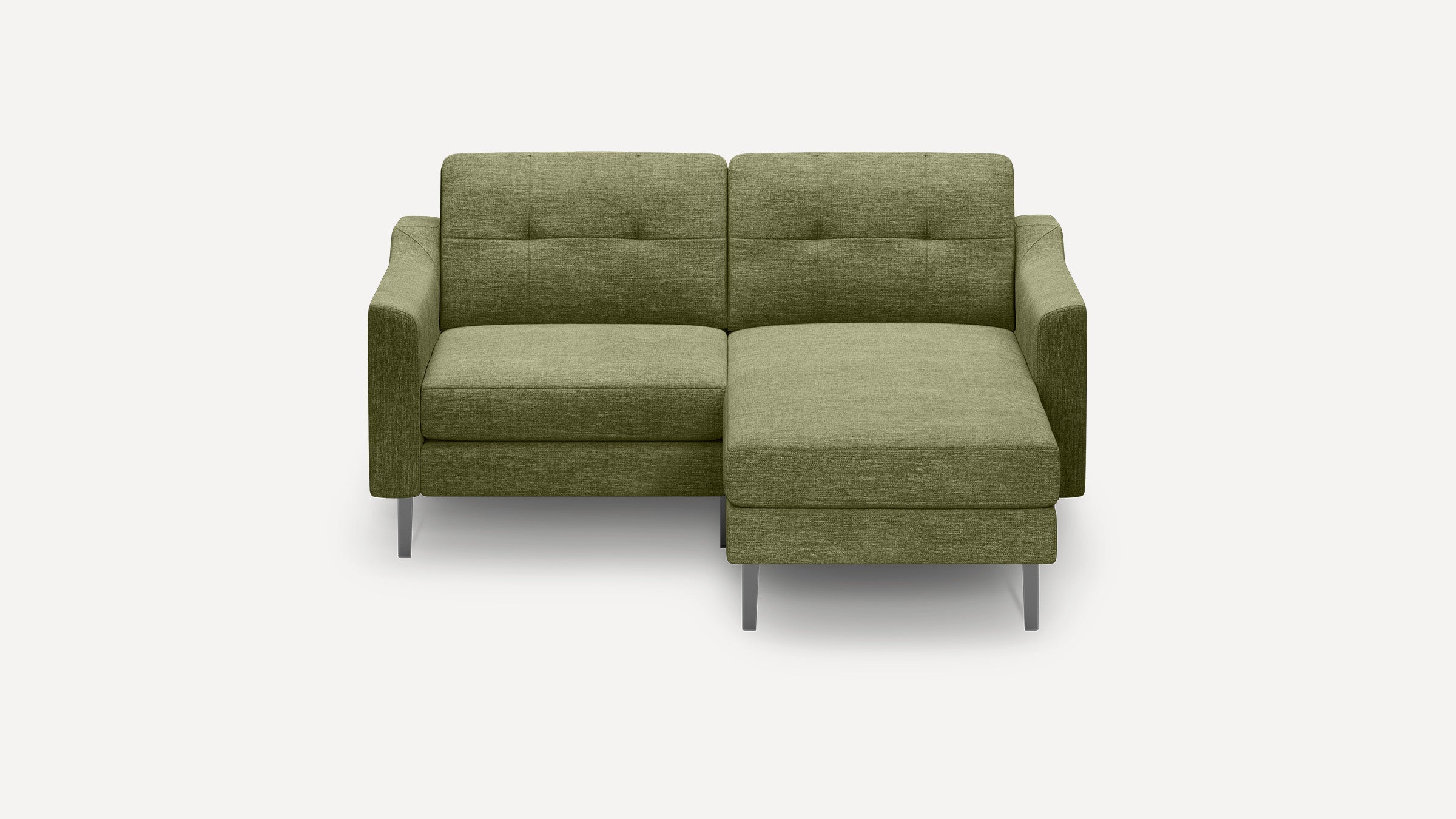 Modern olive green fabric sectional sofa with metal legs, clean lines, tufted back cushions, and chaise lounge on the right side.