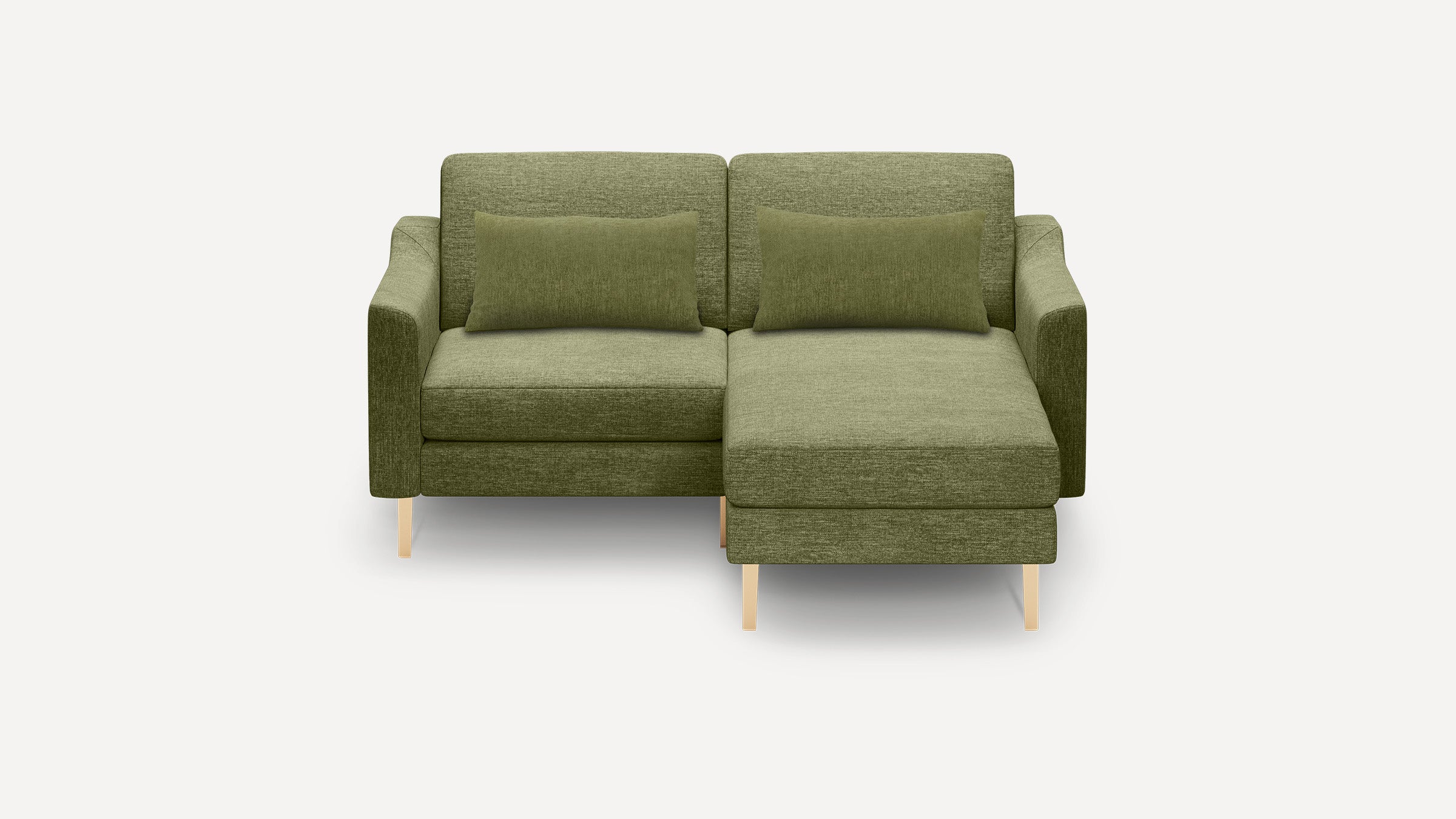 Front view of a modern olive green fabric loveseat with two rectangular cushions and light wood legs, featuring a chaise lounge extension on the right side.