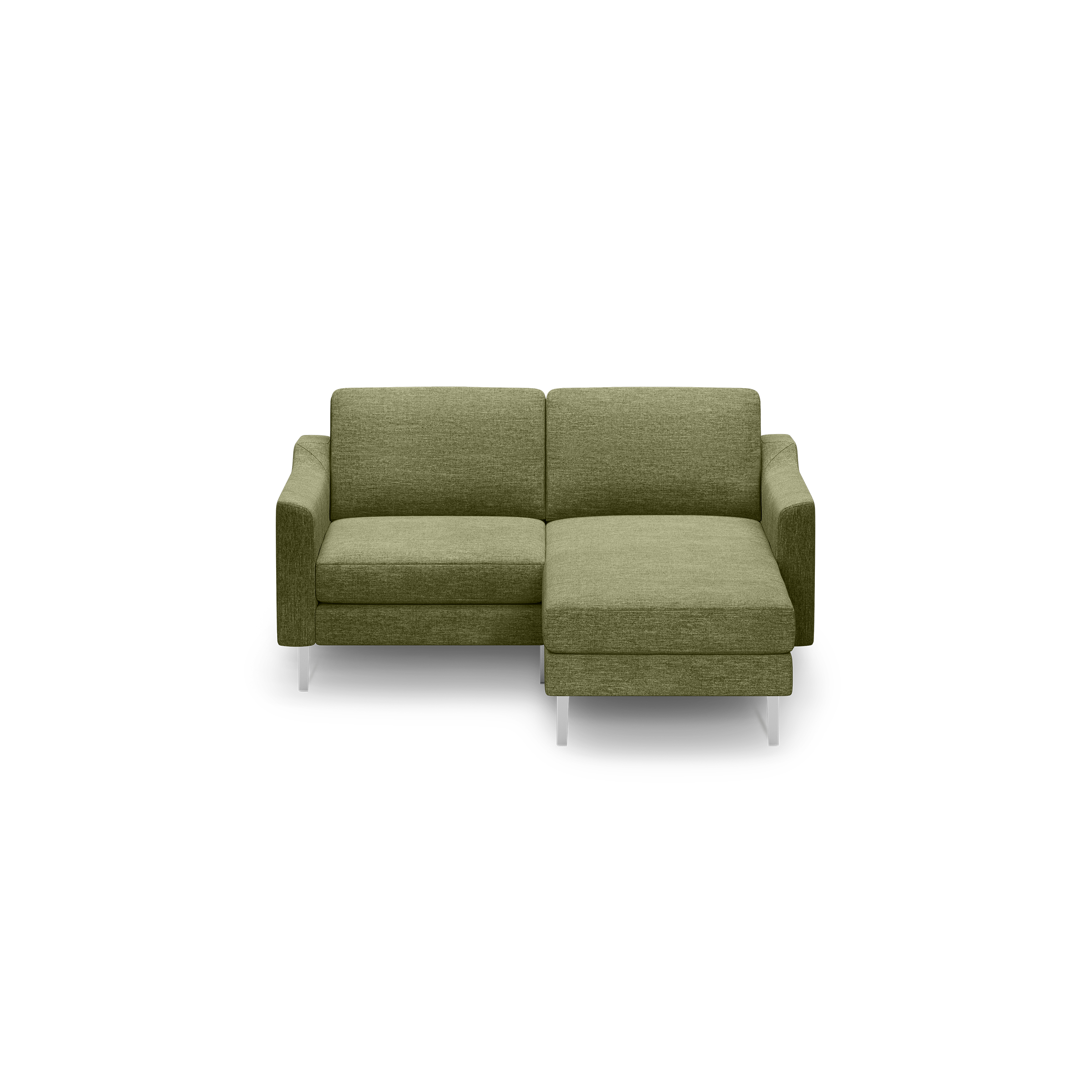 Modern olive green fabric sectional sofa with chaise lounge on right side, slim armrests, and metal legs, set against black background.
