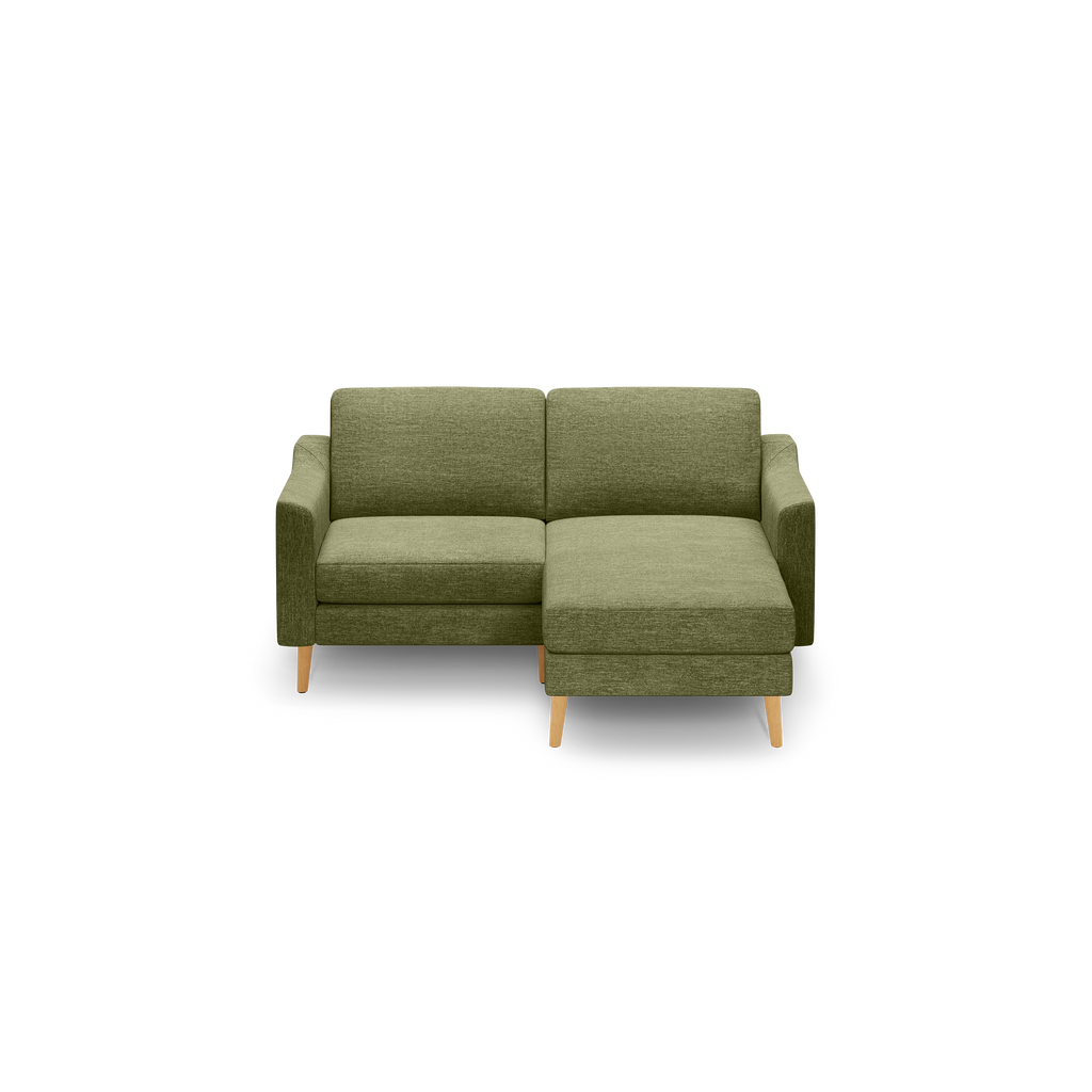 Olive green fabric sectional sofa with wooden legs, featuring a left armrest and chaise lounge on the right side.