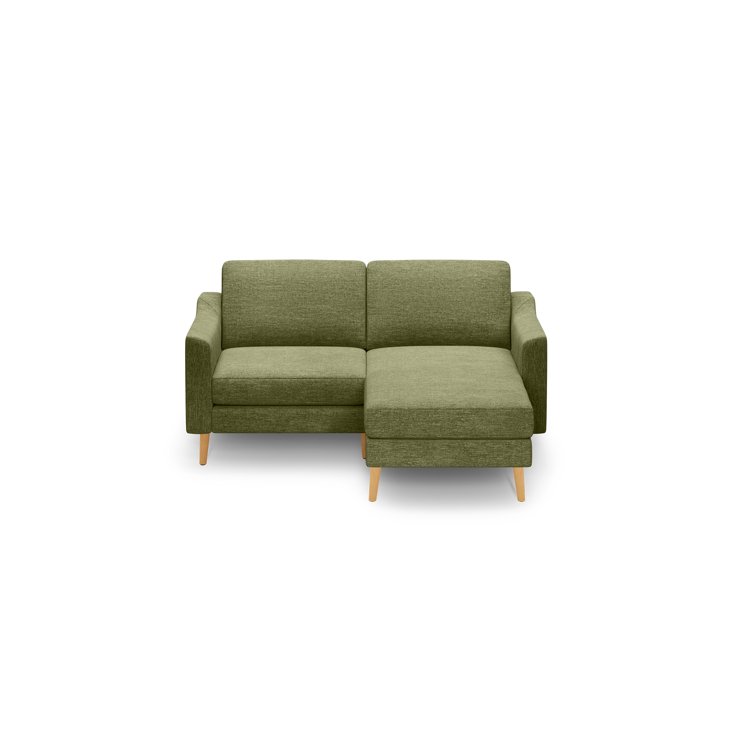 Olive green fabric sectional sofa with wooden legs, featuring a left armrest and chaise lounge on the right side.