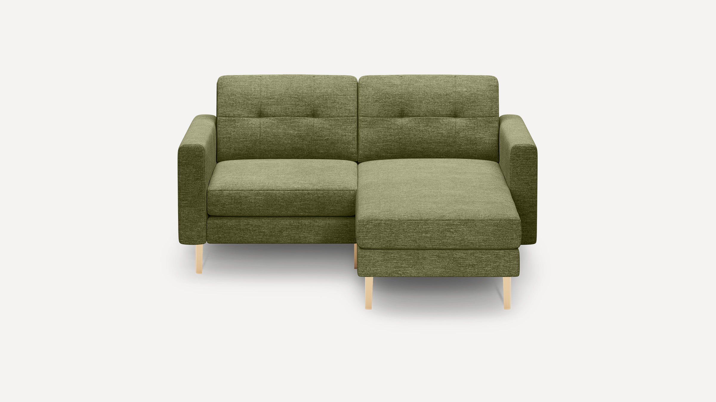 Modern olive green fabric sectional sofa with tufted backrest, wooden legs, and right-side chaise lounge extension.