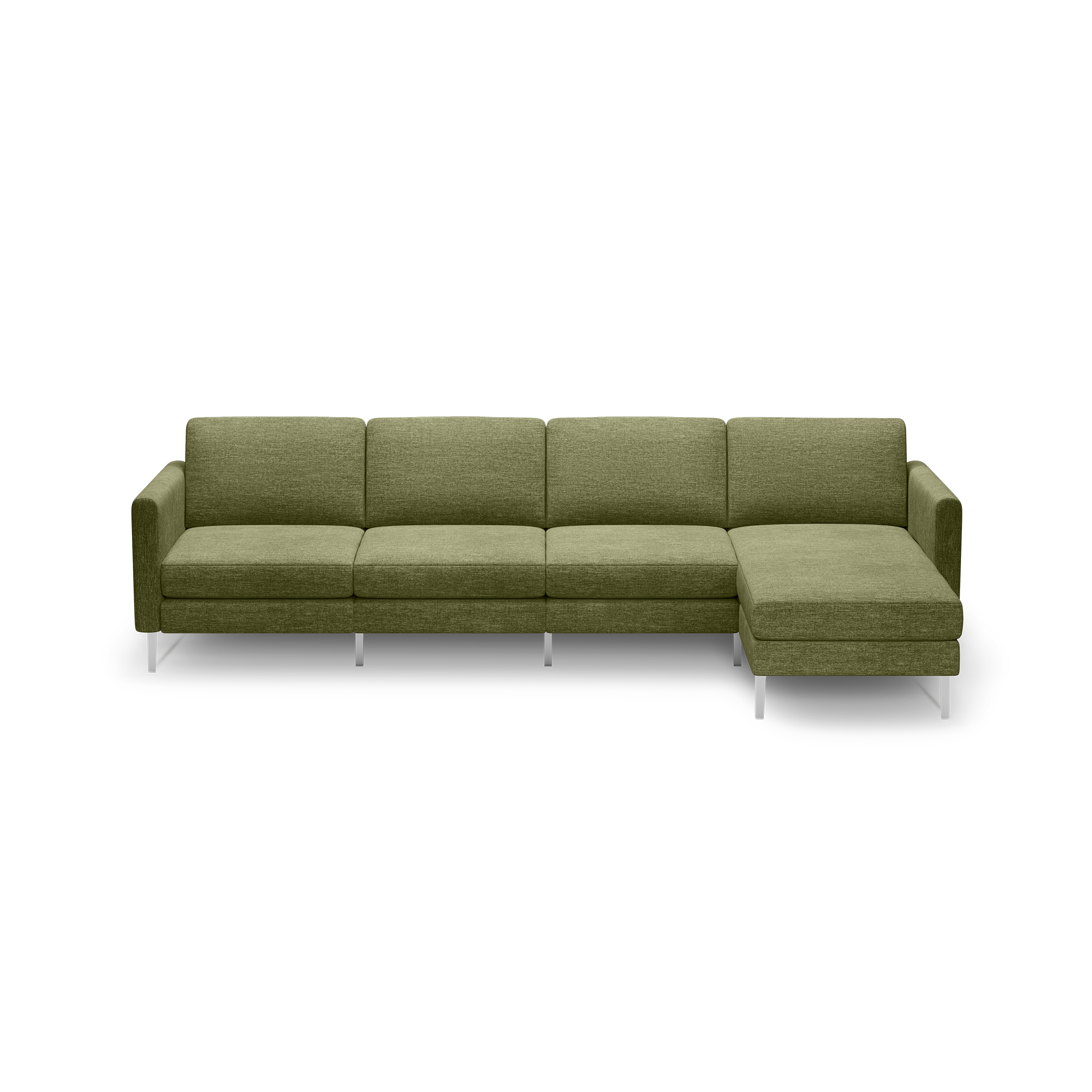 Modern olive green sectional sofa with clean lines, four seat cushions, and metal legs, featuring a right-side chaise lounge.