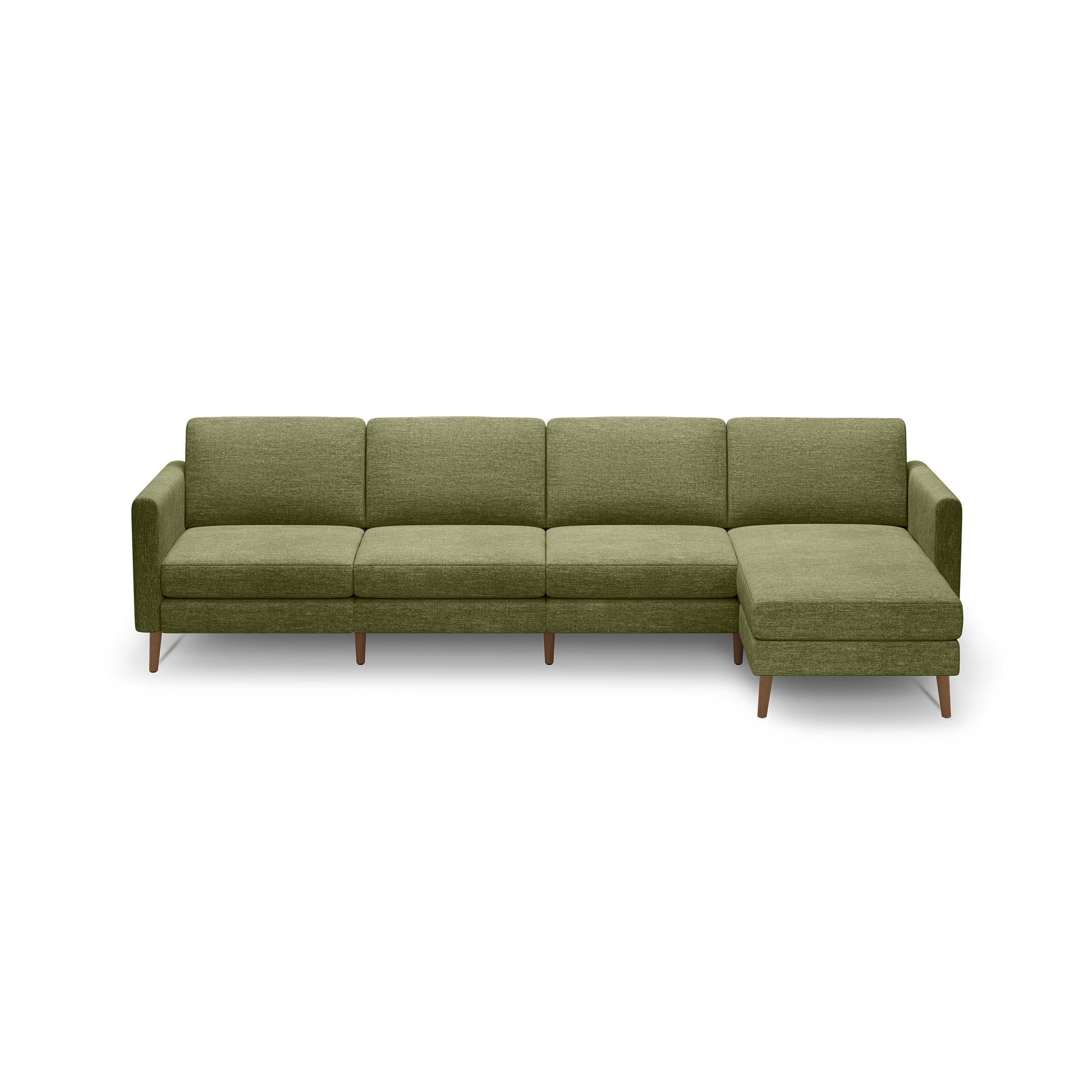 Modern olive green fabric sectional sofa with wooden legs, featuring four seat cushions and an extended chaise lounge on the right side.