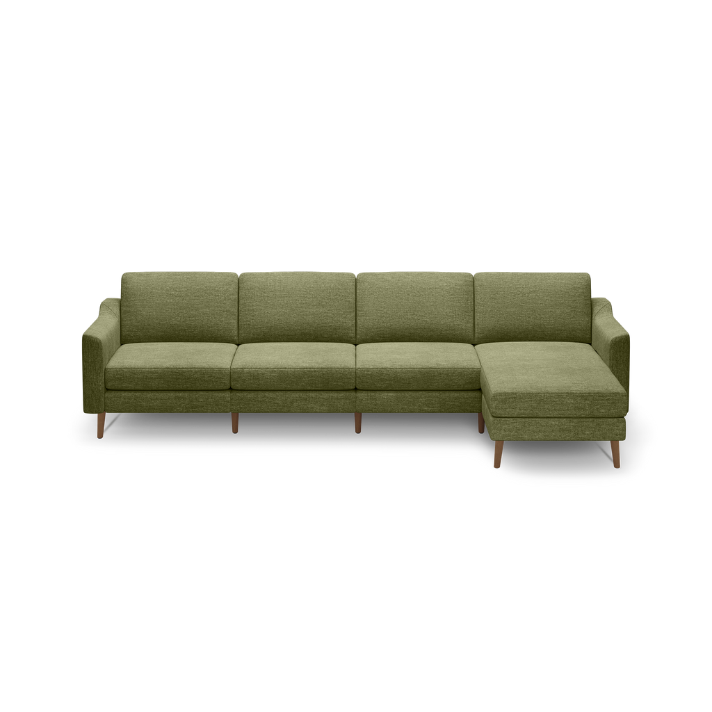 Modern olive green fabric sectional sofa with wooden legs, featuring a chaise lounge on the right side, designed for spacious and comfortable seating.