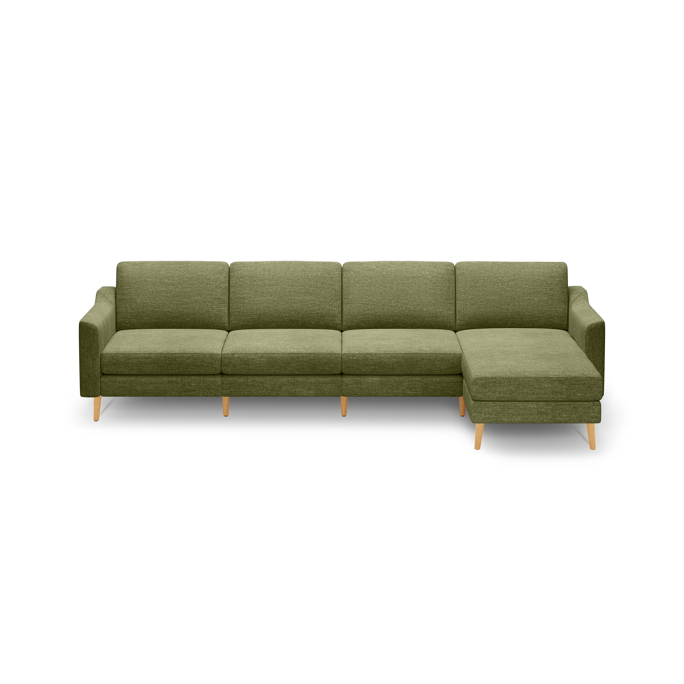 Olive green fabric sectional sofa with wooden legs, featuring three seats and a chaise lounge on the right side, against a black background.