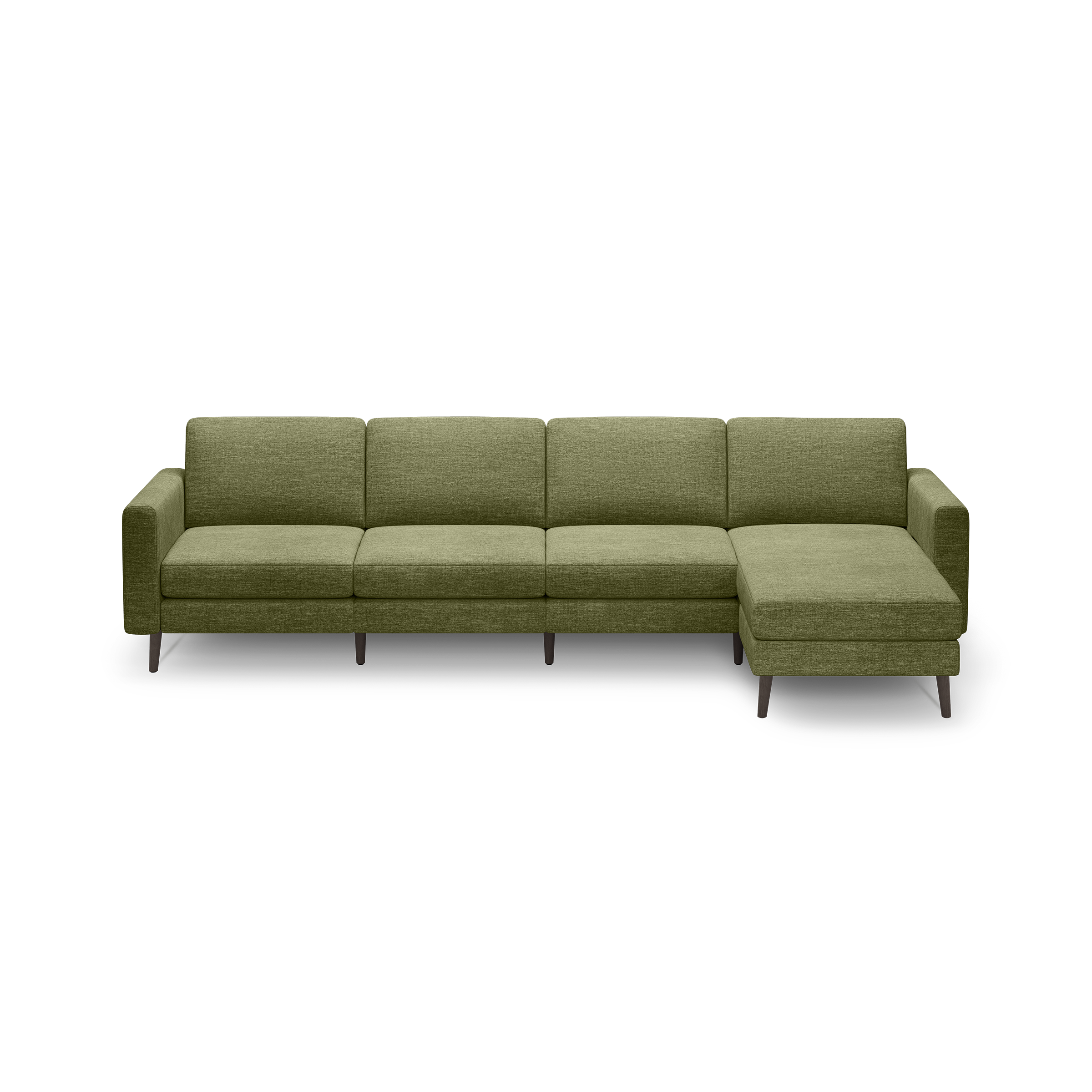 Modern olive green sectional sofa with clean lines, cushioned seats, and wooden legs on a black background.