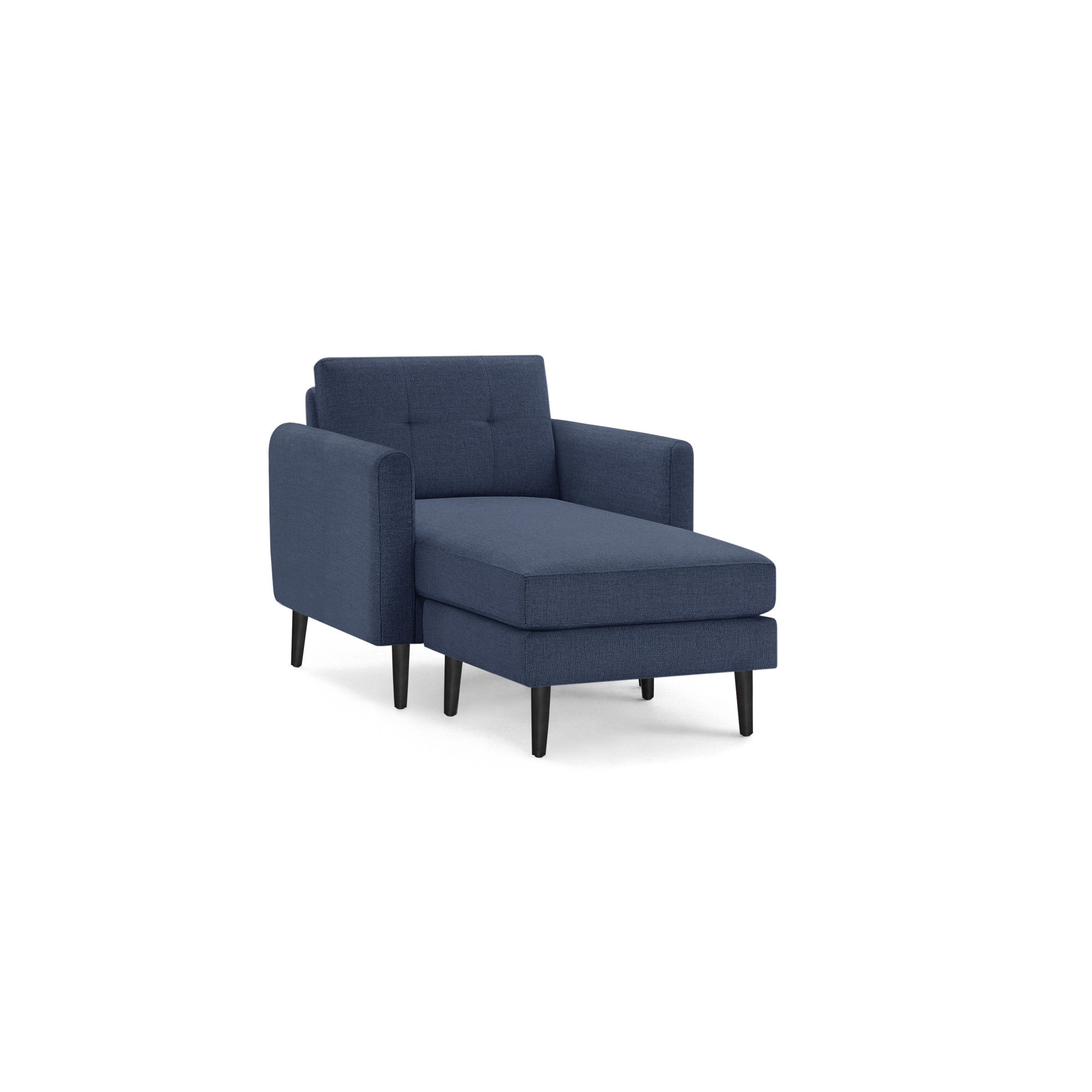 Modern navy blue fabric chaise lounge chair with padded armrests, tufted backrest, and black wooden legs.