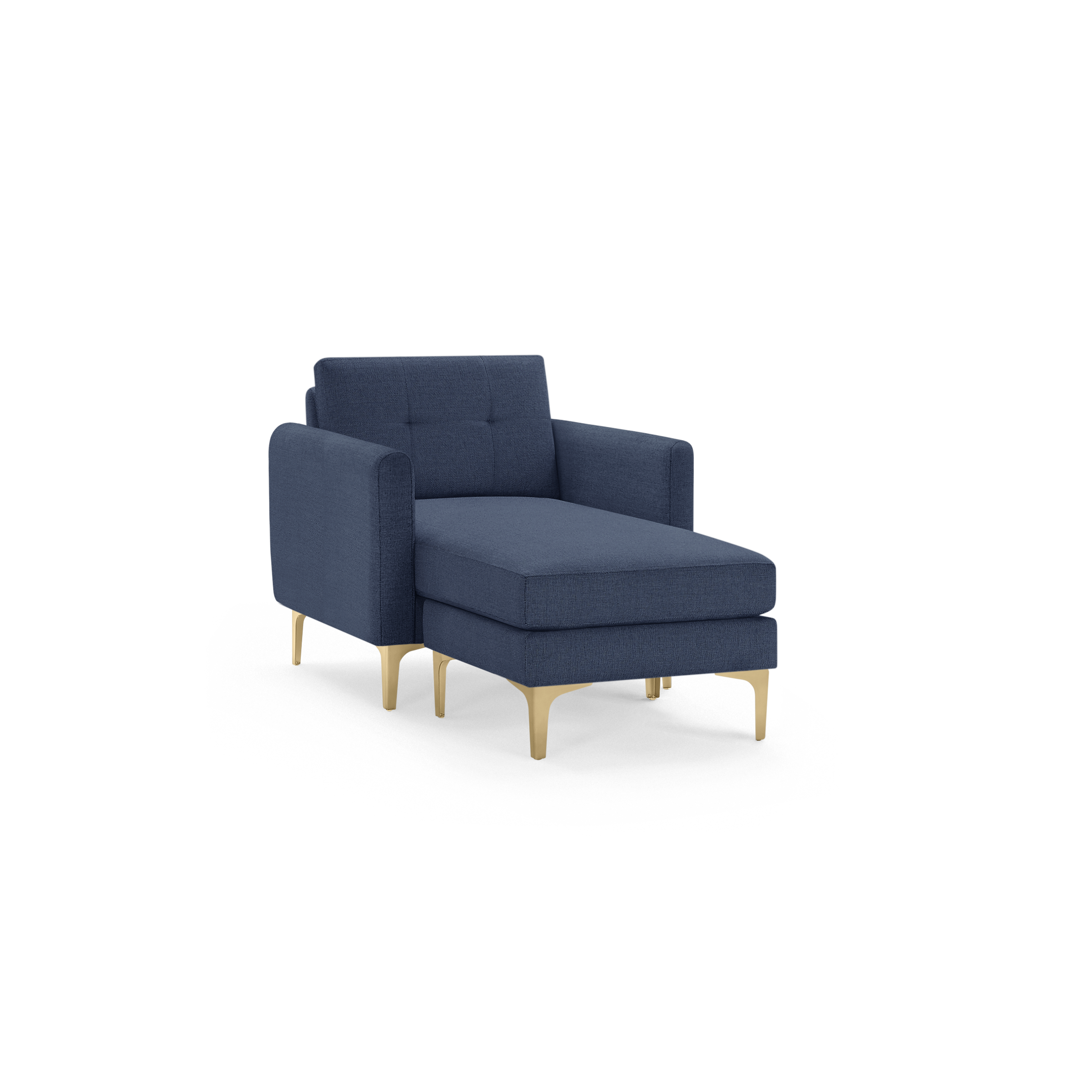 Blue upholstered chaise lounge chair with square arms, tufted backrest, and gold metal legs on black background.