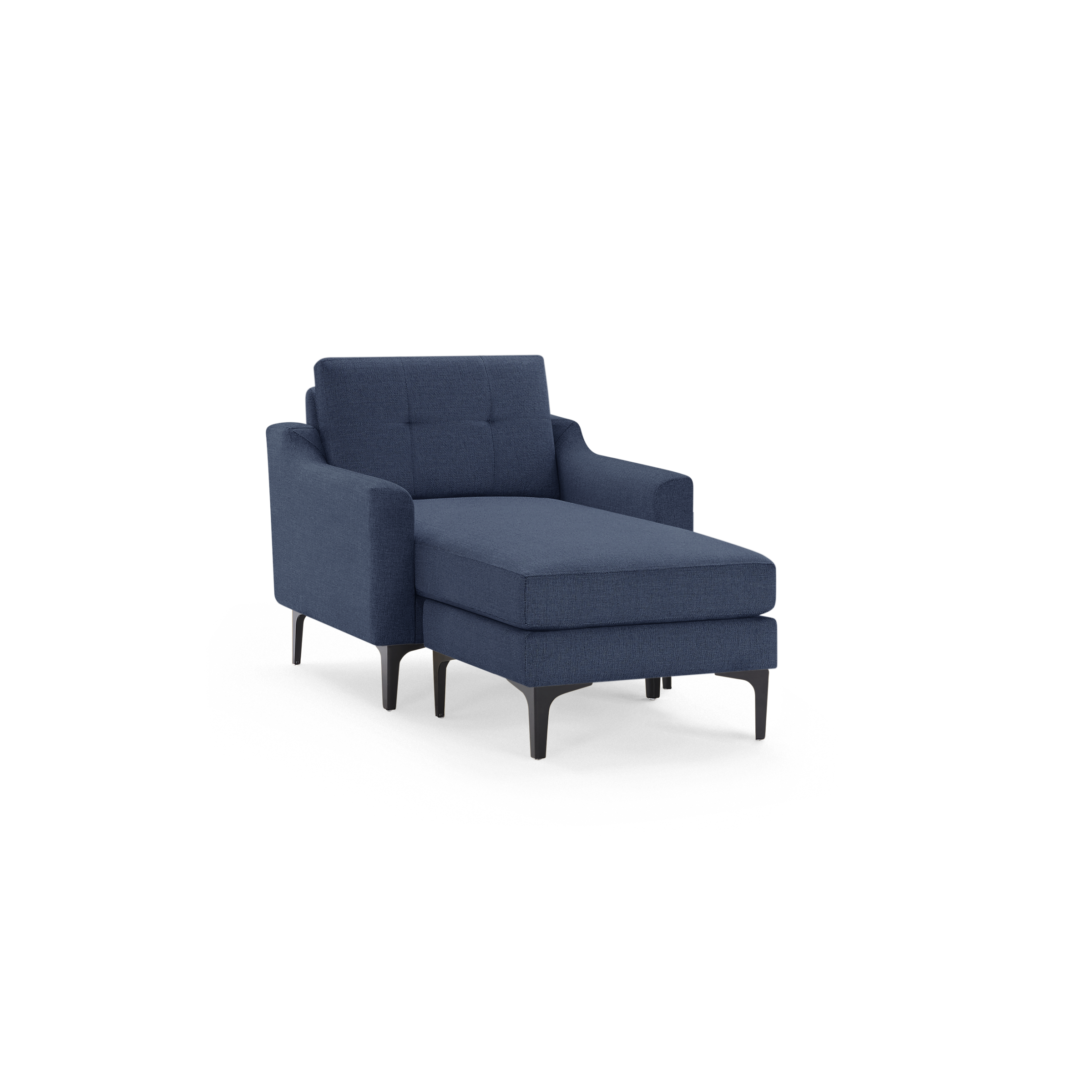 Modern navy blue upholstered chaise lounge with tufted backrest, sleek armrests, and black tapered metal legs.