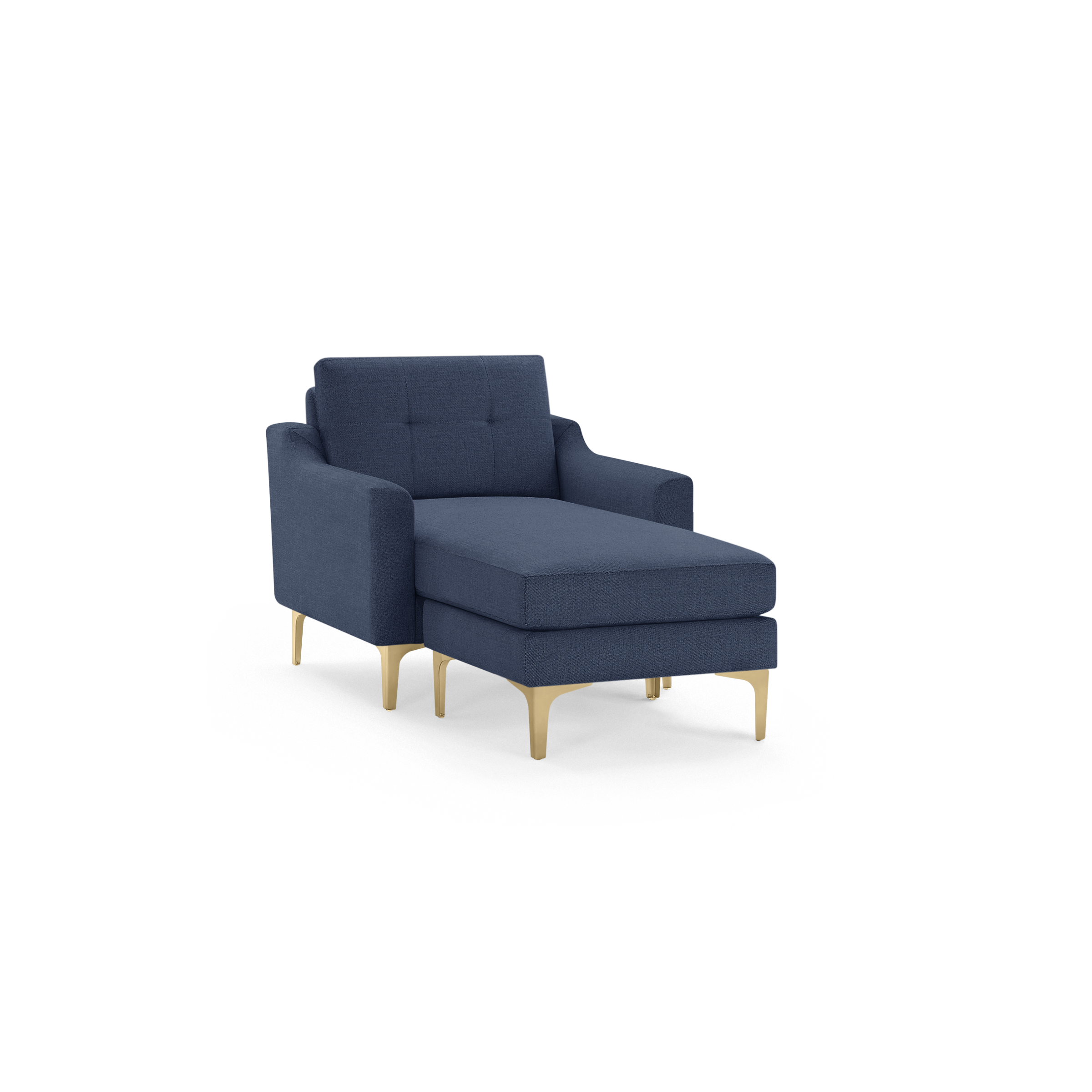 Blue upholstered chaise lounge chair with tufted backrest and slim gold metal legs, modern and minimalist design.