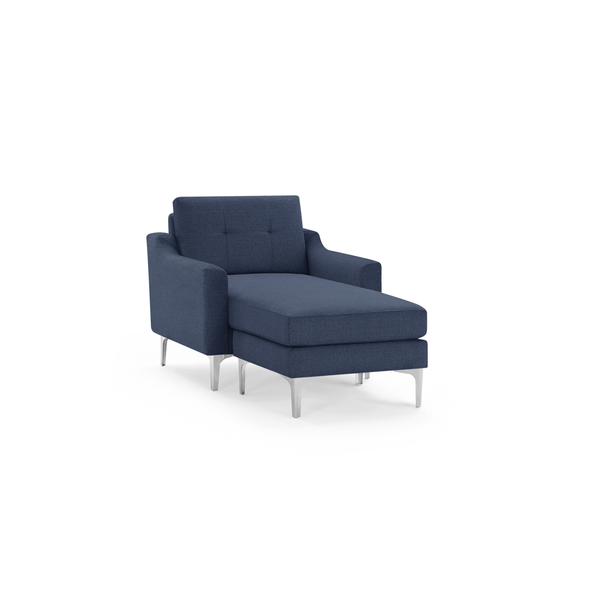 Modern navy blue upholstered chaise lounge chair with tufted backrest and silver metal legs on a black background.