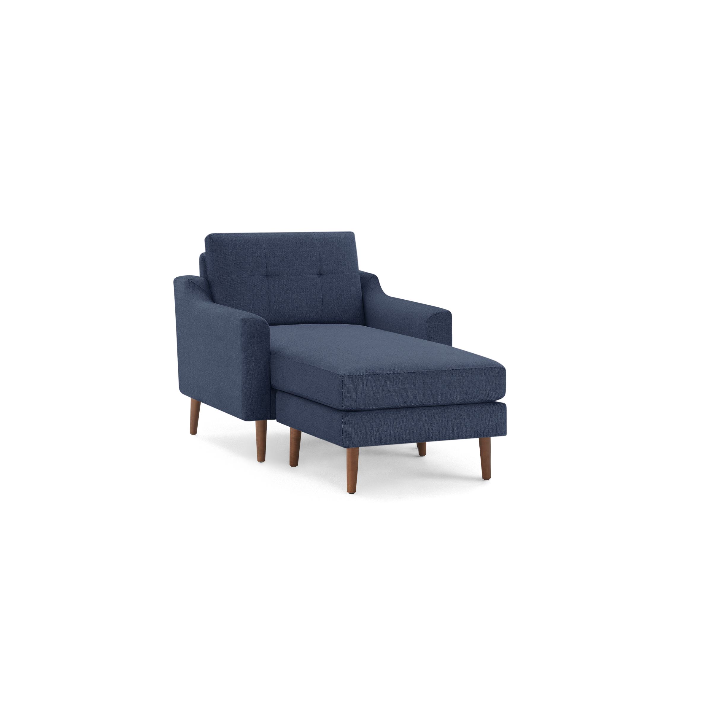 Mid-century modern navy blue fabric chaise lounge with button-tufted backrest and wooden tapered legs.