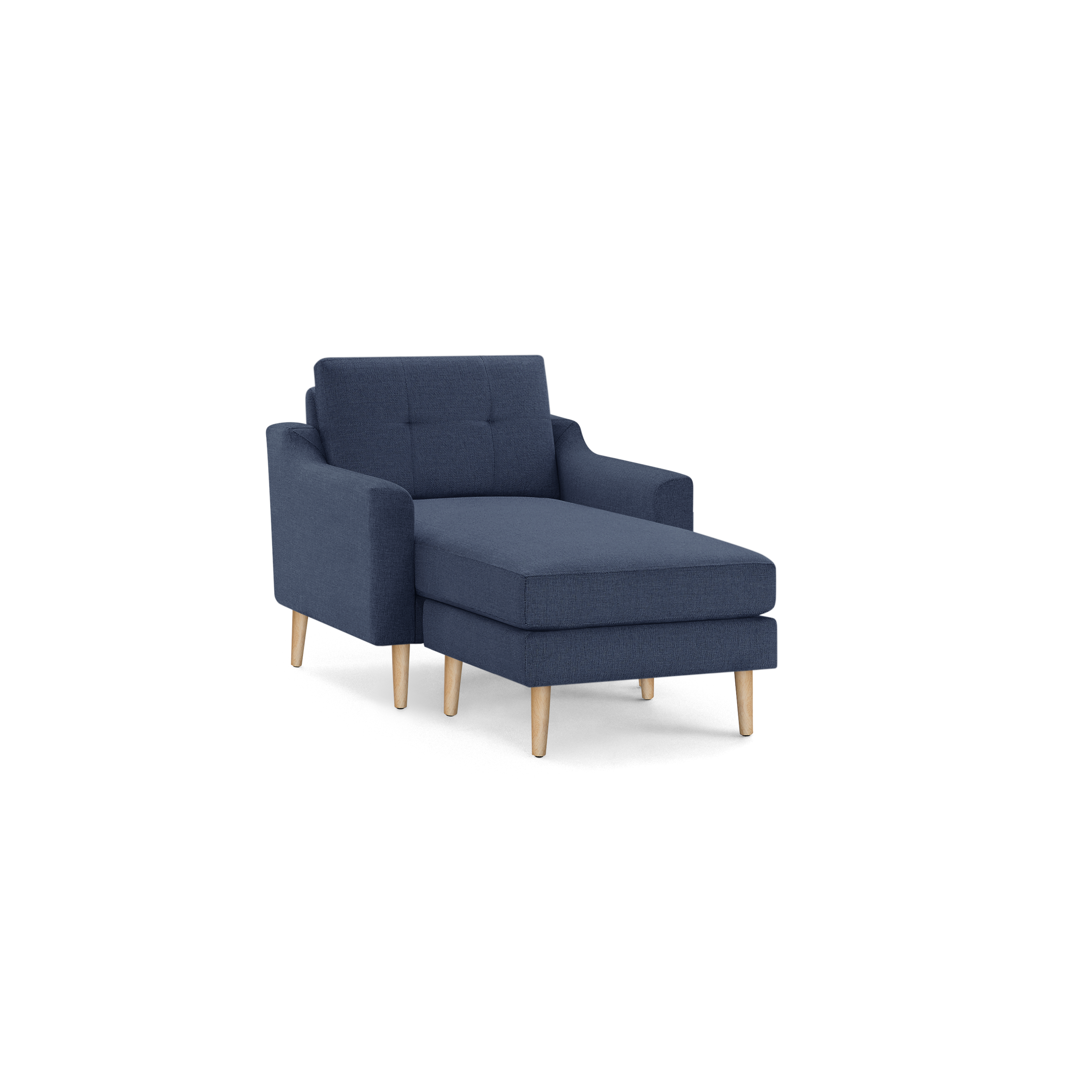 Blue upholstered chaise lounge chair with wooden legs, cushioned seat, tufted backrest, and armrests, isolated on black background.