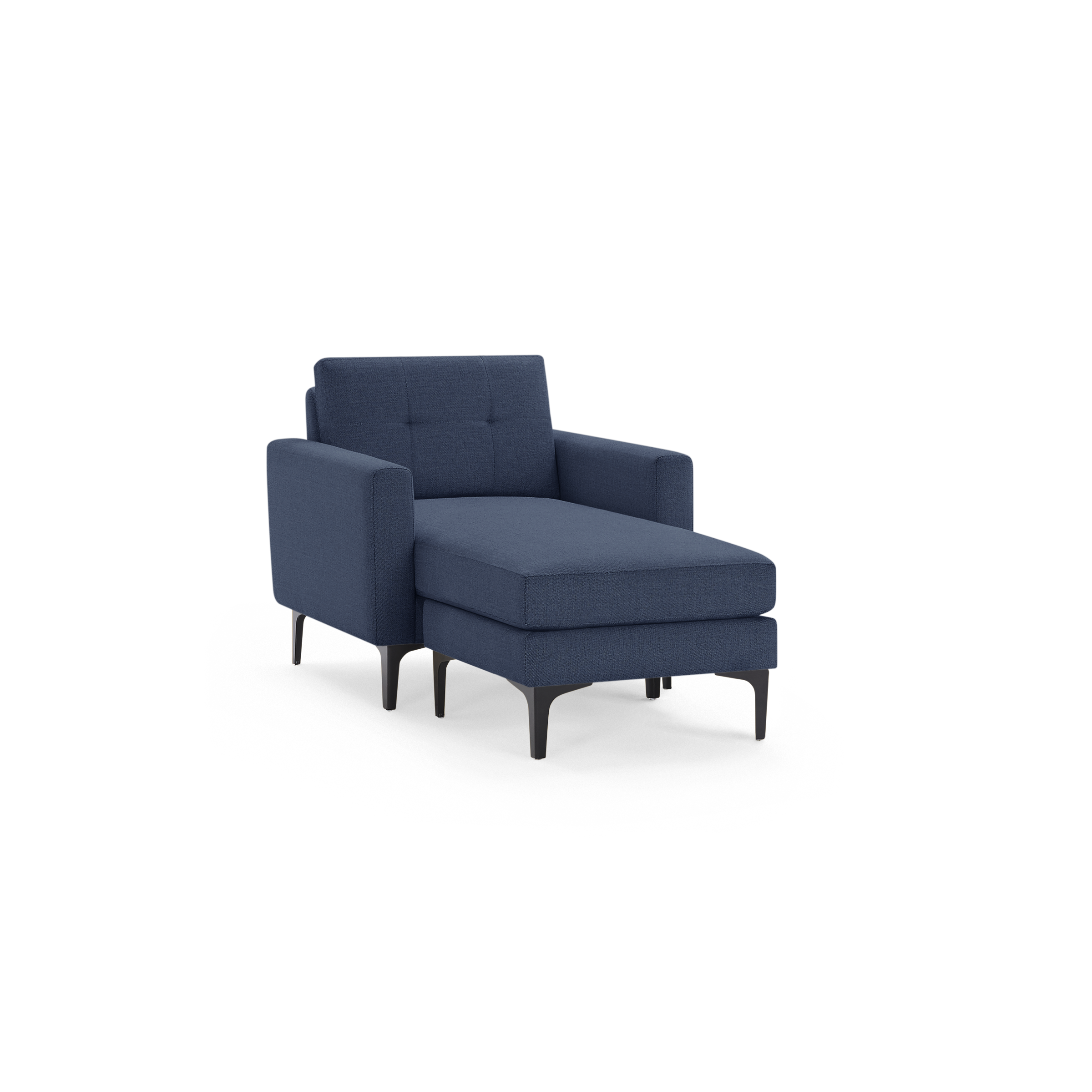 Modern navy blue chaise lounge with tufted backrest, armrests, and dark tapered legs, isolated on black background.