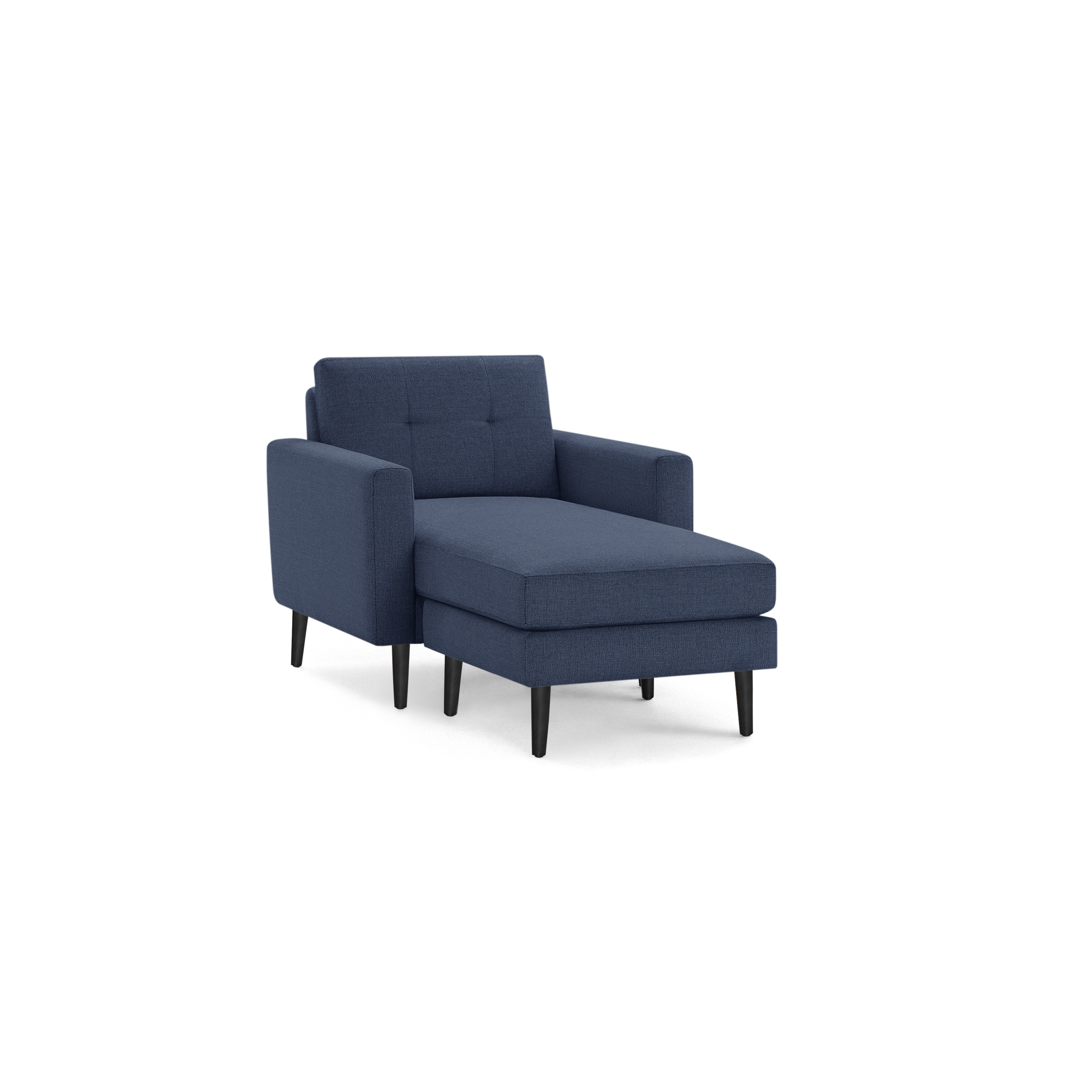 Blue upholstered chaise lounge chair with tufted backrest and wooden tapered legs on black background.