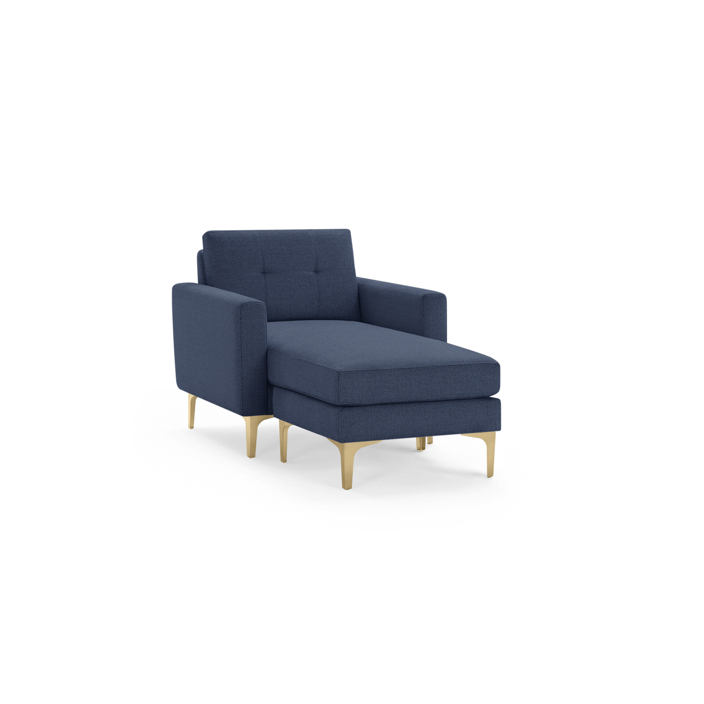 Modern navy blue chaise lounge chair with tufted backrest and sleek gold legs isolated on black background.