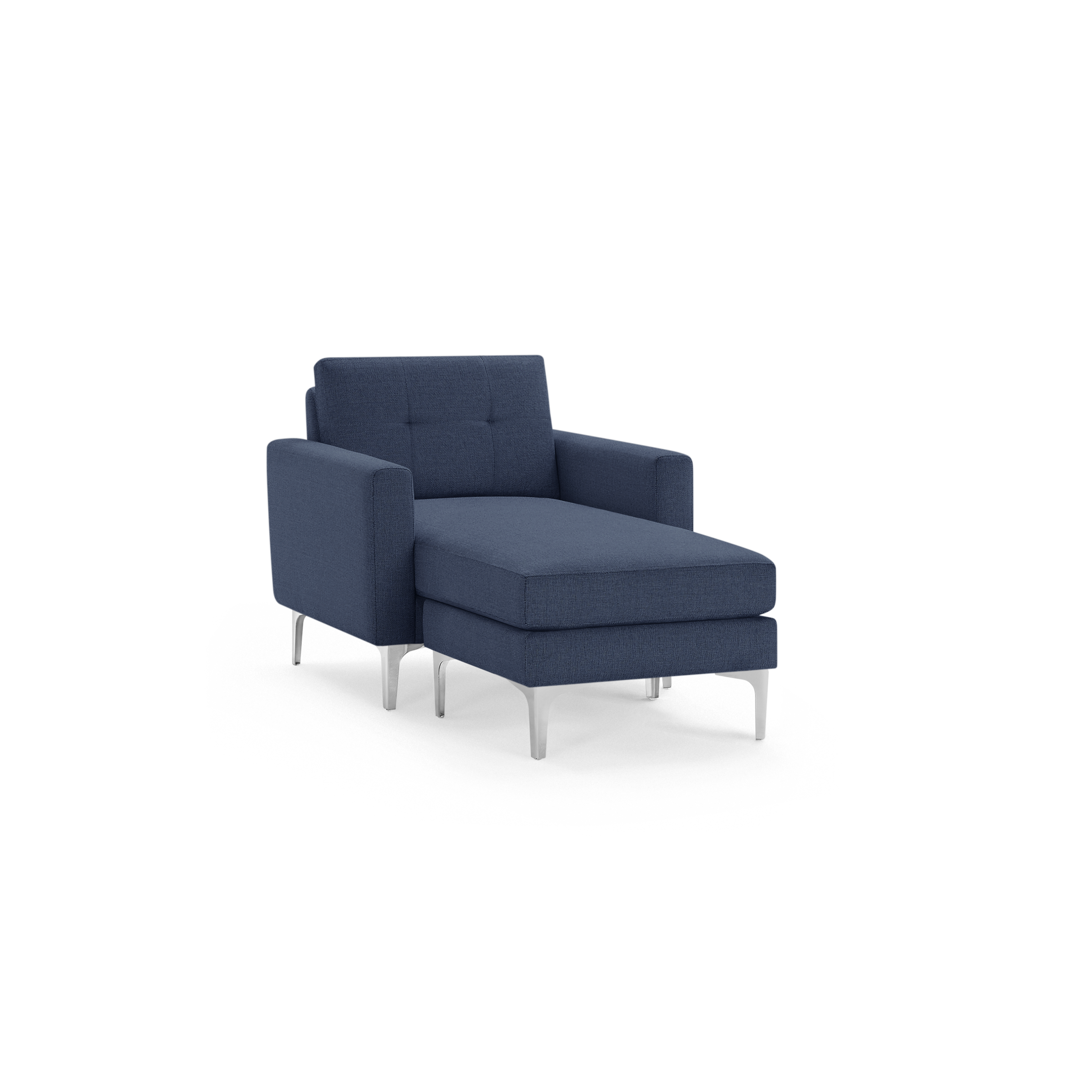 Modern navy blue upholstered chaise lounge chair with tufted backrest, square arms, and sleek chrome legs.