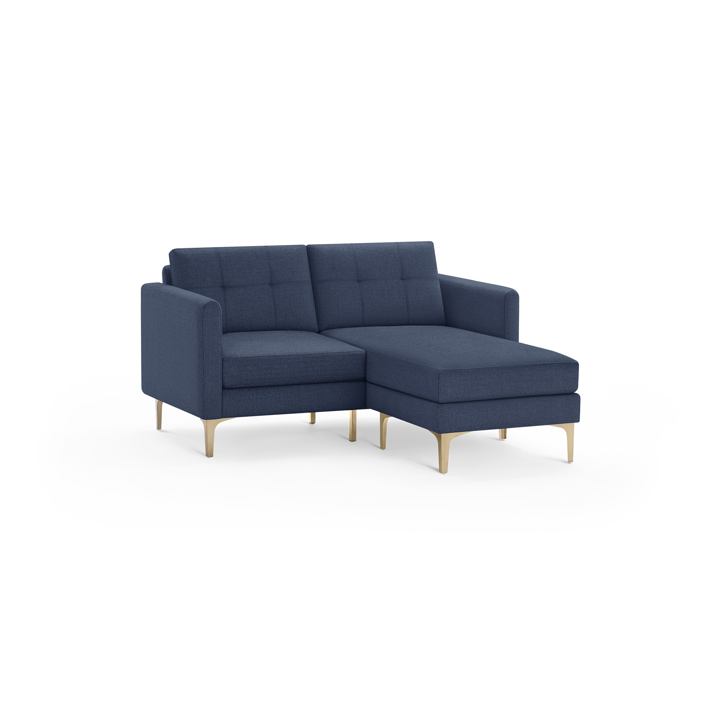 Navy blue sectional sofa with tufted back cushions, right chaise, and light wooden legs, showcasing modern, compact design.