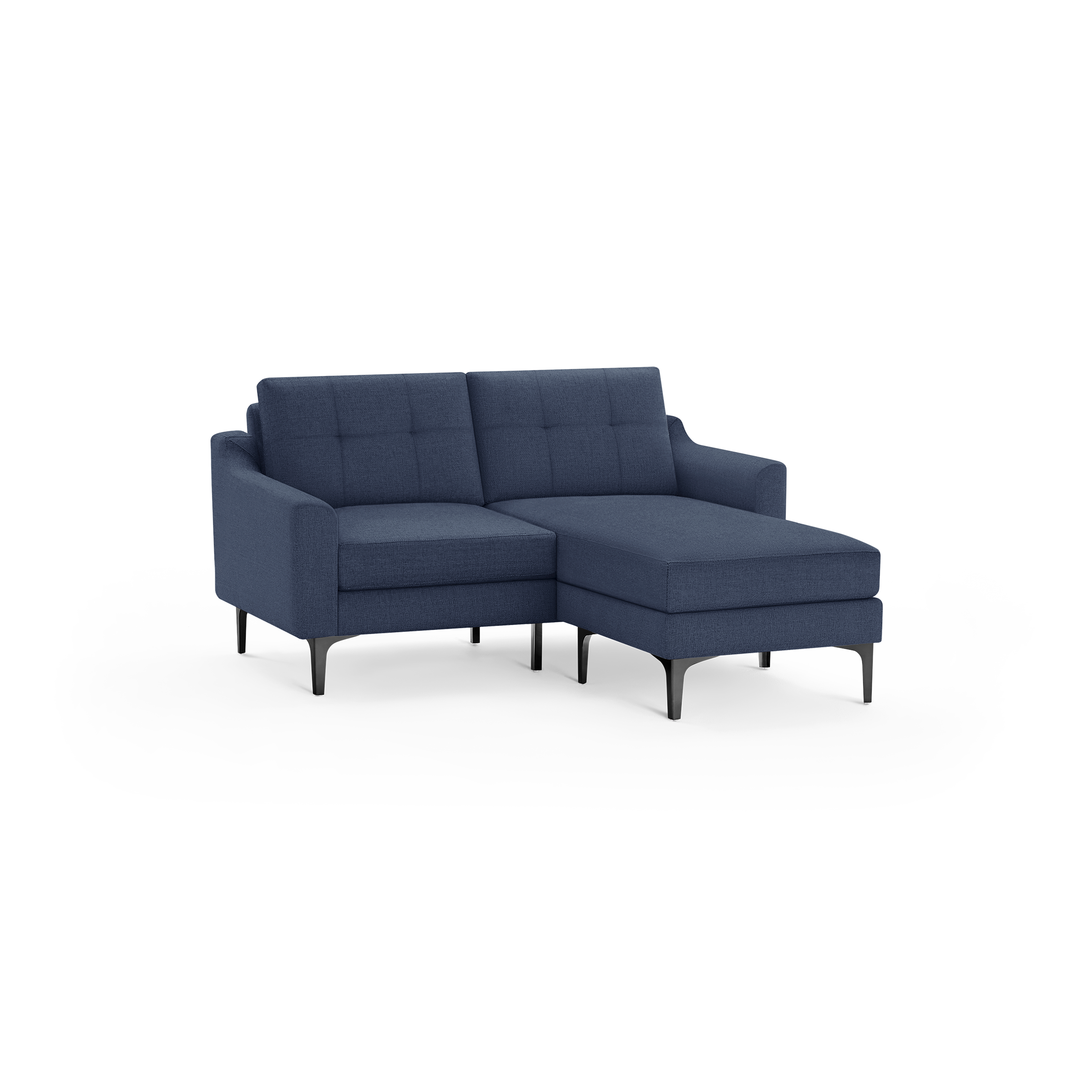 Dark blue fabric sectional sofa with tufted back cushions, chaise lounge on right side, and black metal legs.