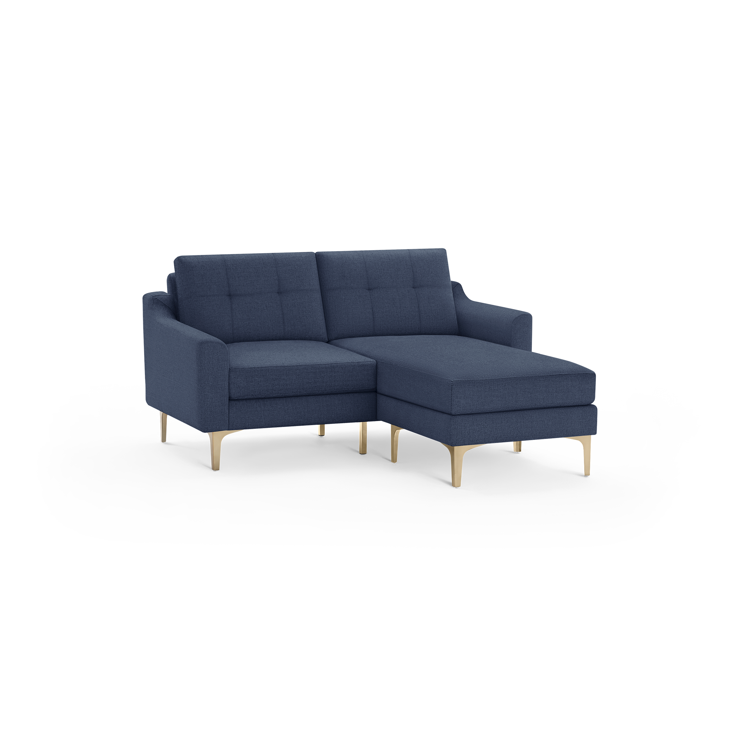 Modern navy blue sectional sofa with tufted back cushions, slim arms, and light wooden legs, featuring a chaise lounge on the right side.