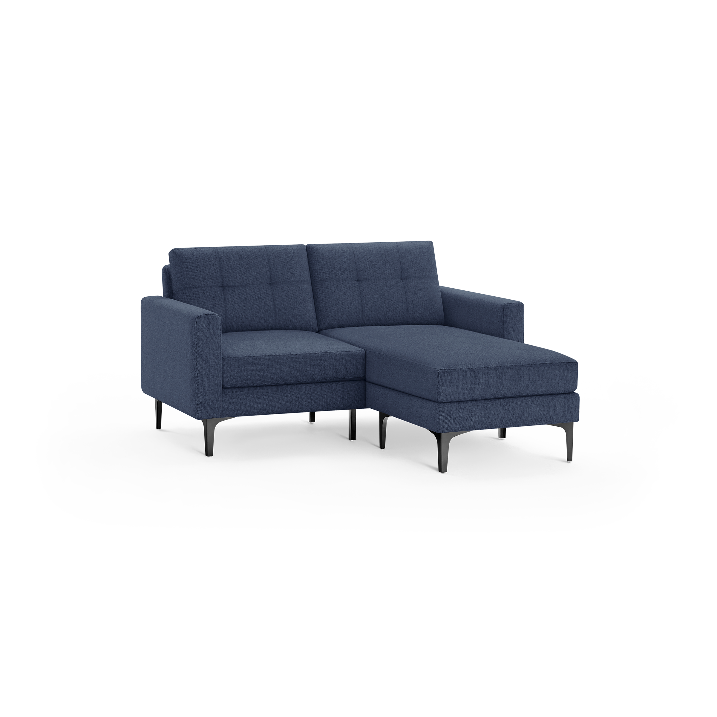 Modern navy blue fabric sectional sofa with tufted backrest, right chaise lounge, and sleek black legs.