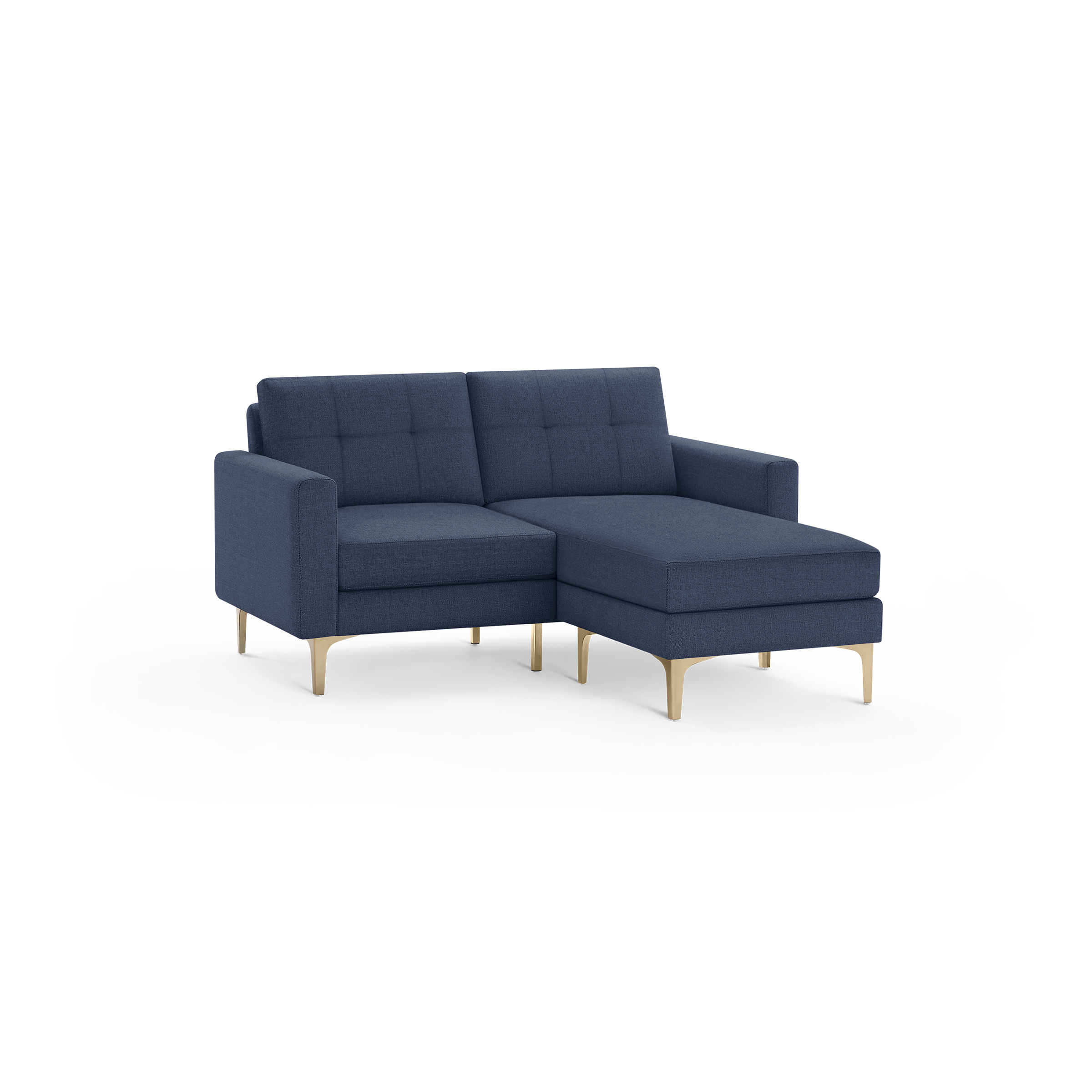 Modern navy blue fabric sectional sofa with tufted back cushions and light wooden legs on a black background.