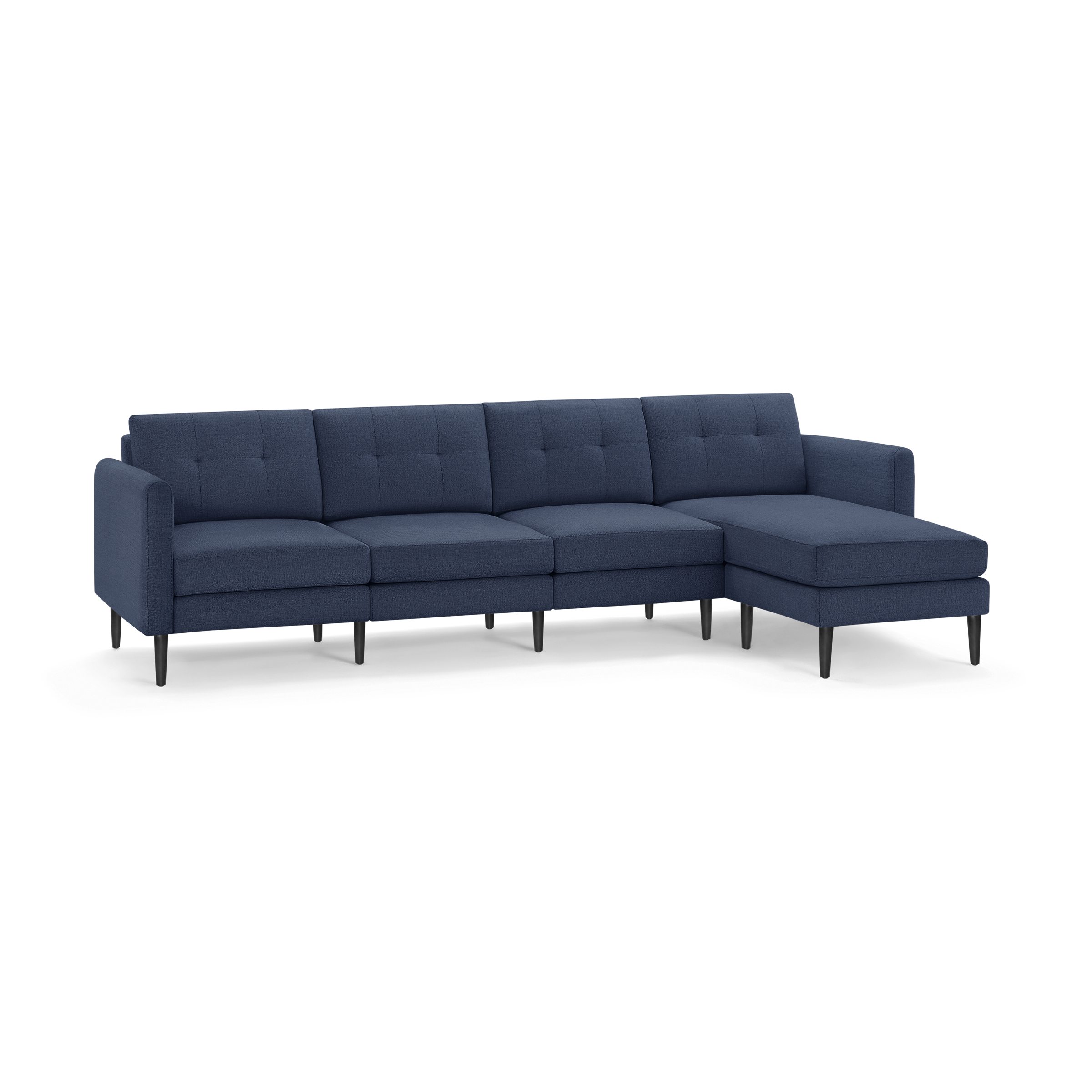 Modern navy blue sectional sofa with tufted cushions, right-side chaise, and slim black legs, designed for spacious comfort.