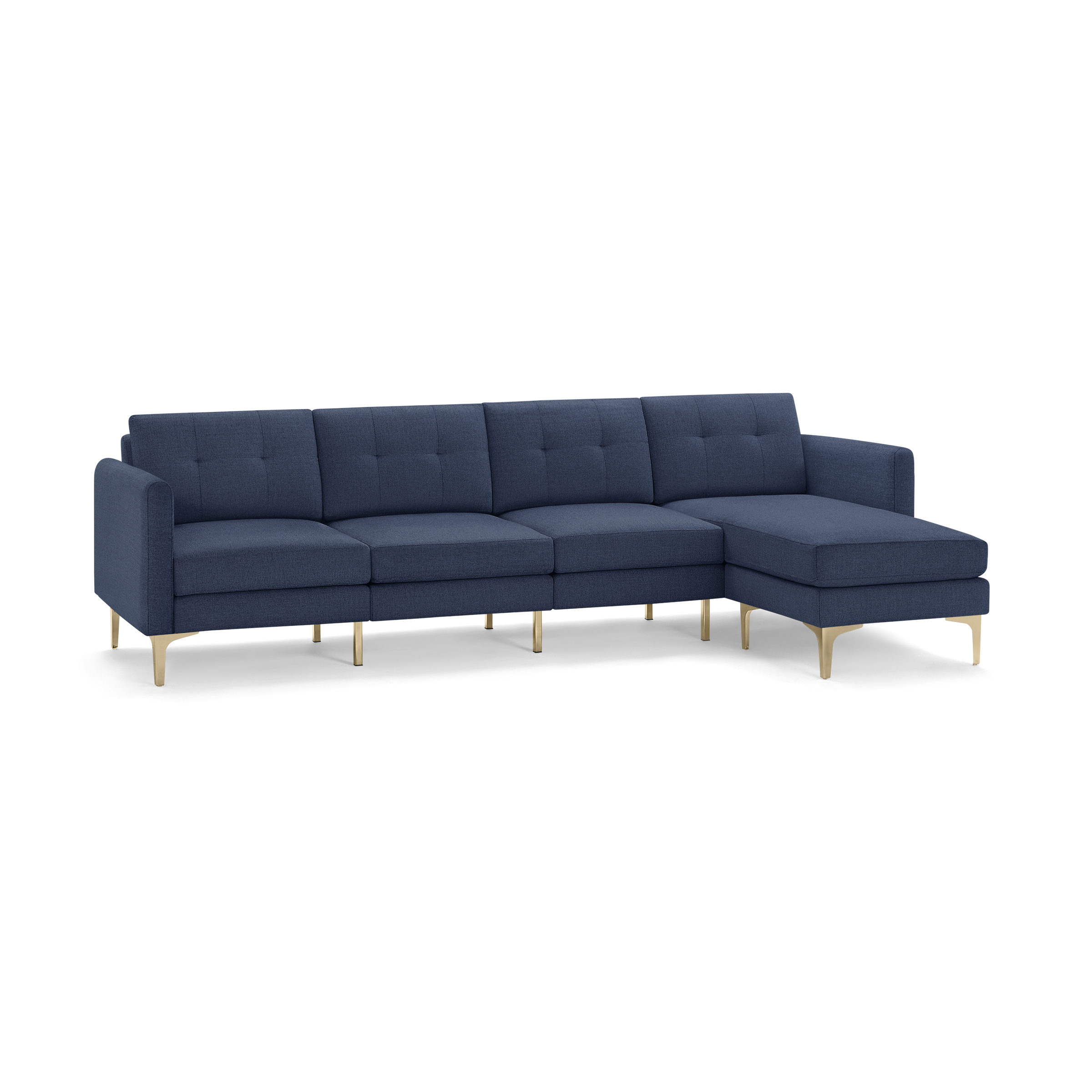 Modern sectional sofa with navy blue fabric upholstery, tufted back cushions, slim armrests, and gold metal legs.