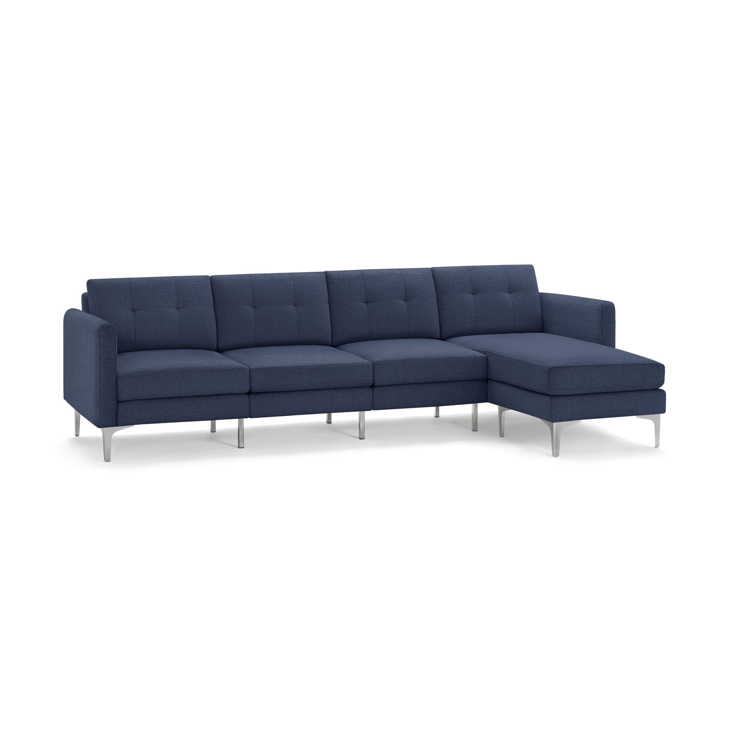 Modern navy blue fabric sectional sofa with tufted back cushions, metal legs, and a right-side chaise lounge.
