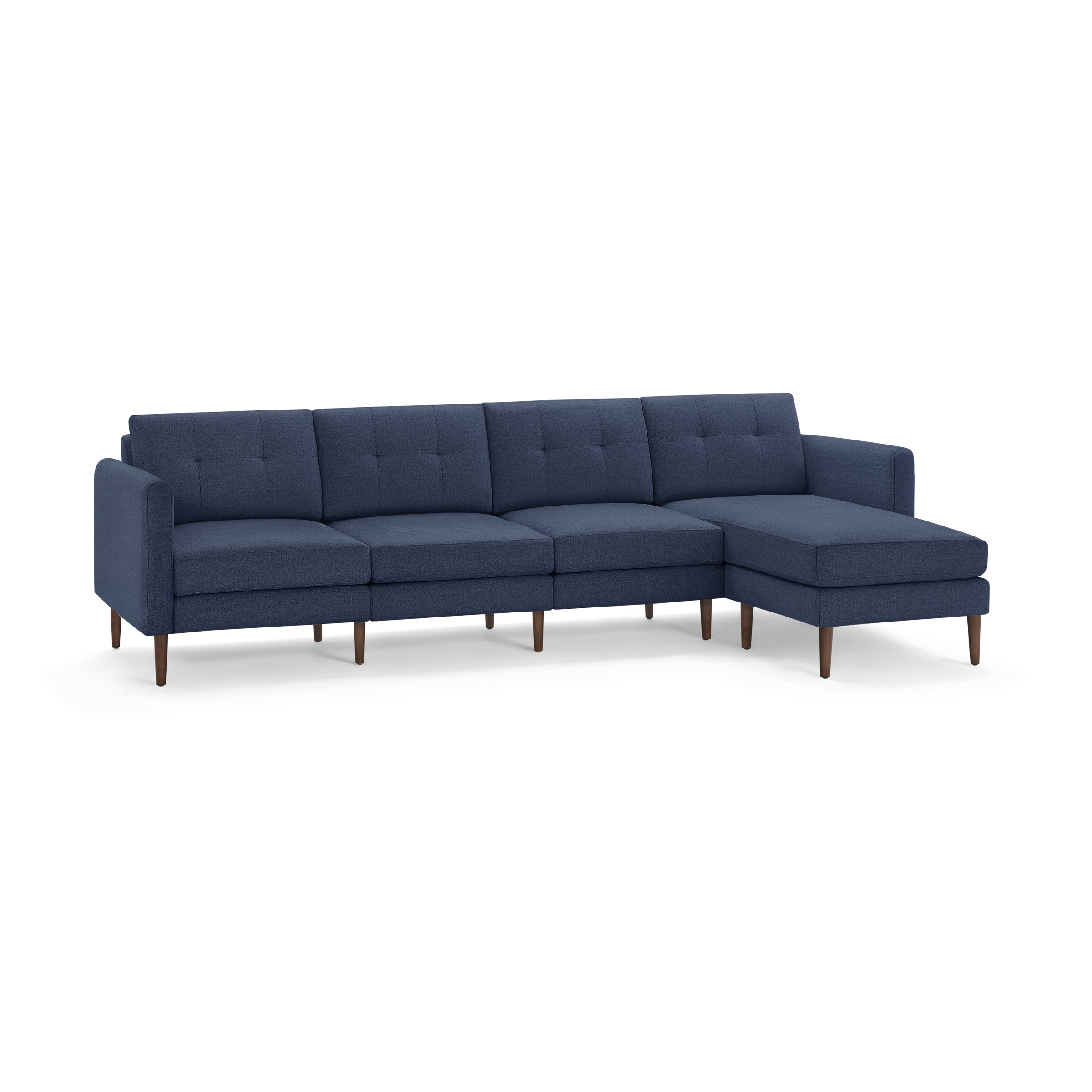 Mid-century modern navy blue sectional sofa with tufted cushions and wooden legs, featuring a right-side chaise lounge.