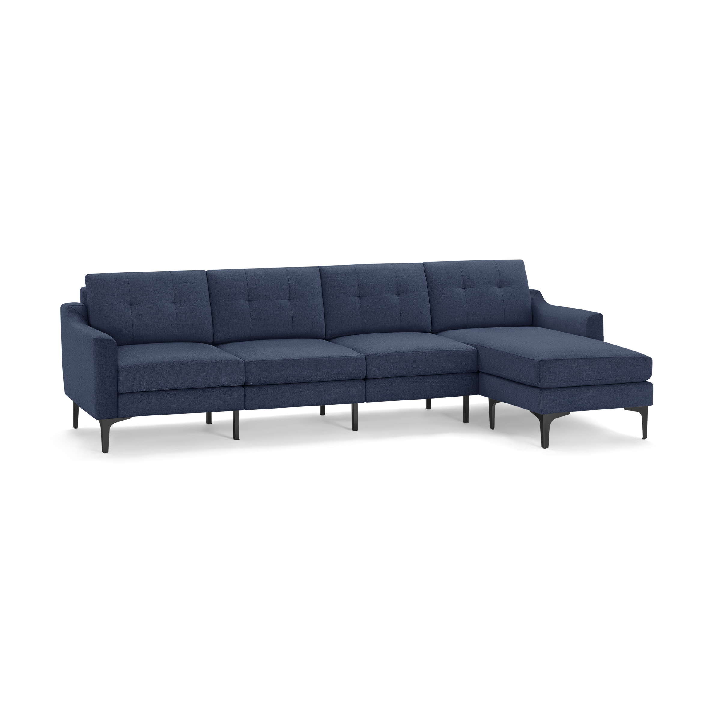 Modern navy blue sectional sofa with tufted back cushions, sleek armrests, and black angled legs, featuring a chaise lounge on the right side.