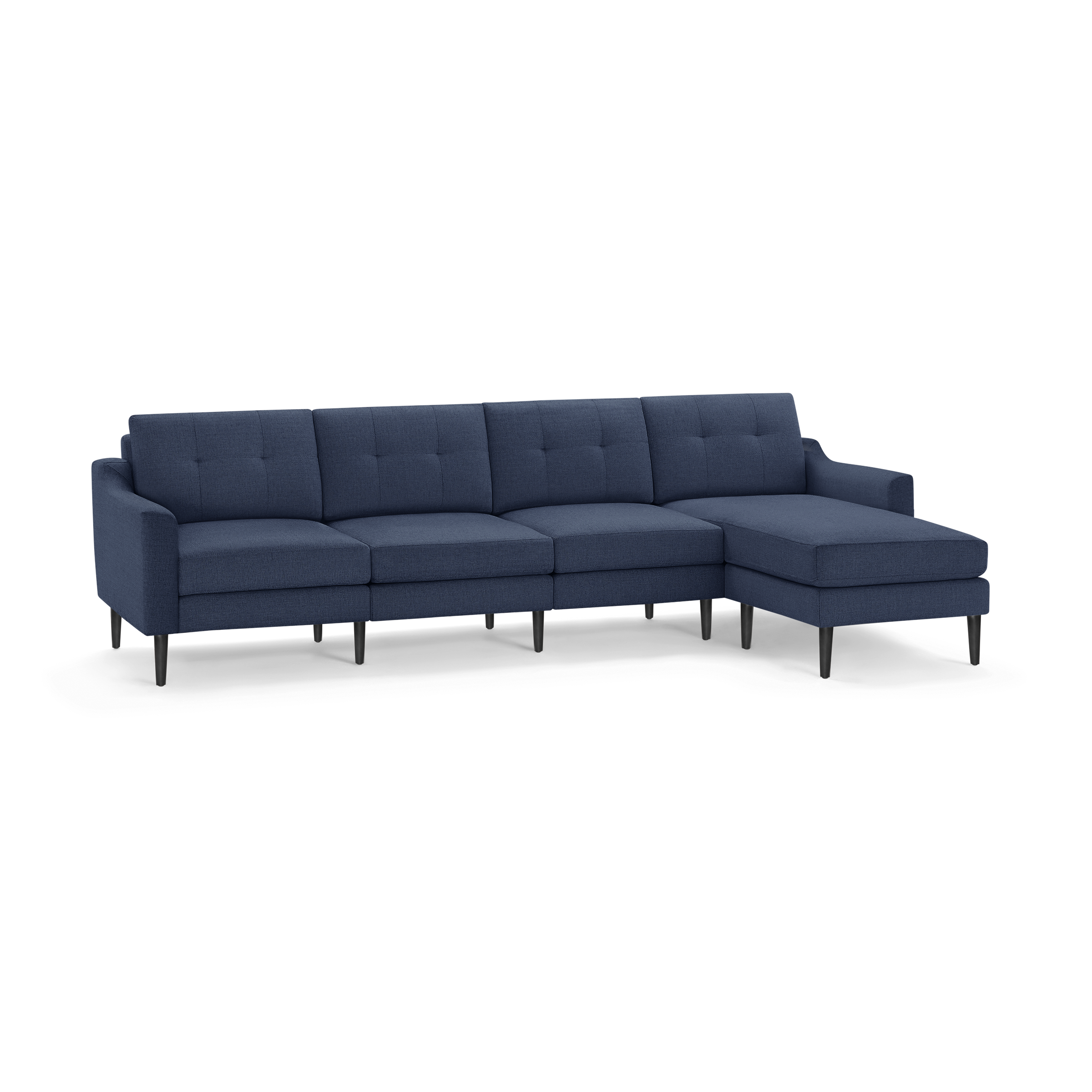 Modern L-shaped sectional sofa with dark blue upholstery, tufted back cushions, and black wooden legs for spacious seating.