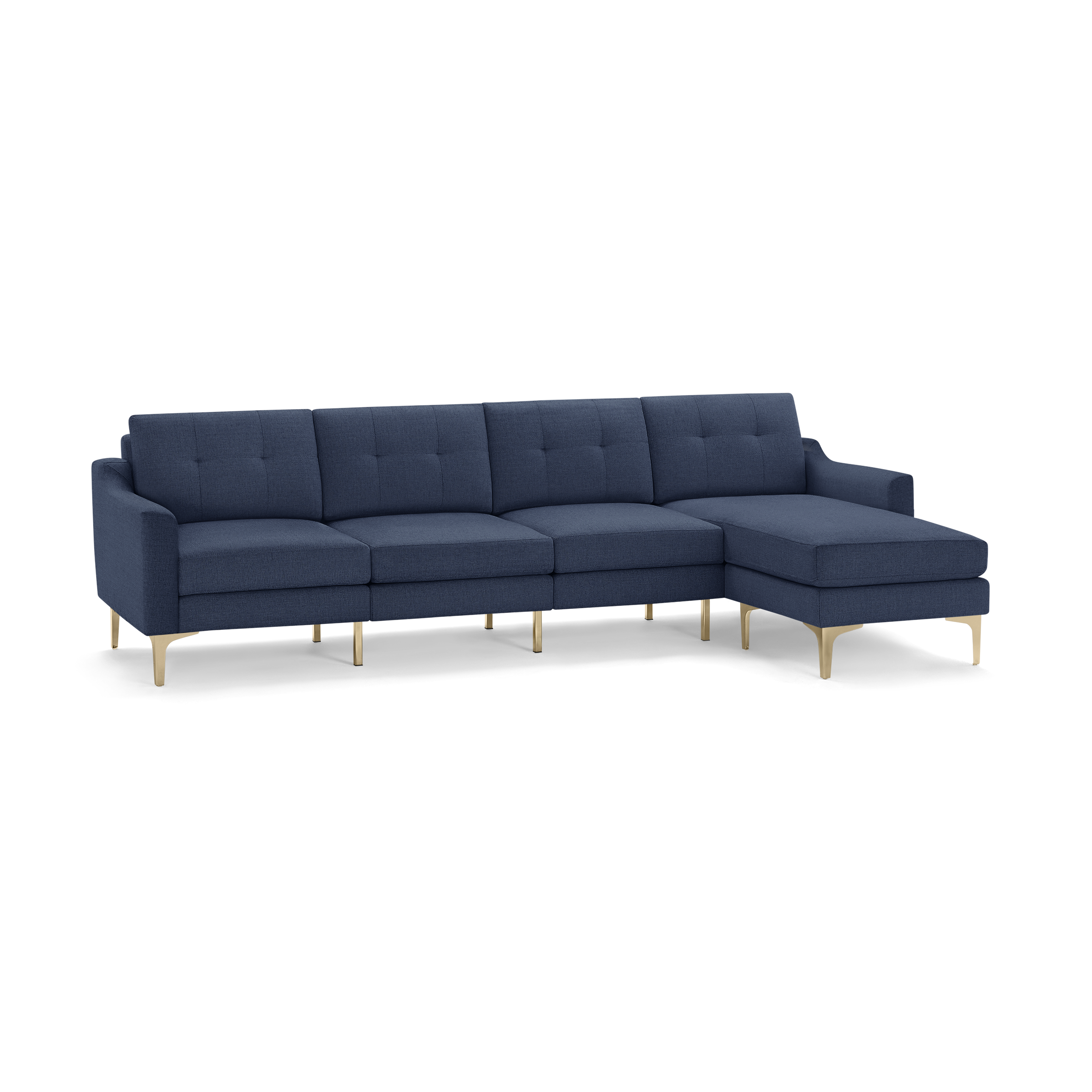 Modern sectional sofa with navy blue fabric upholstery, tufted back cushions, and sleek beige metal legs, featuring a chaise lounge on the right side.