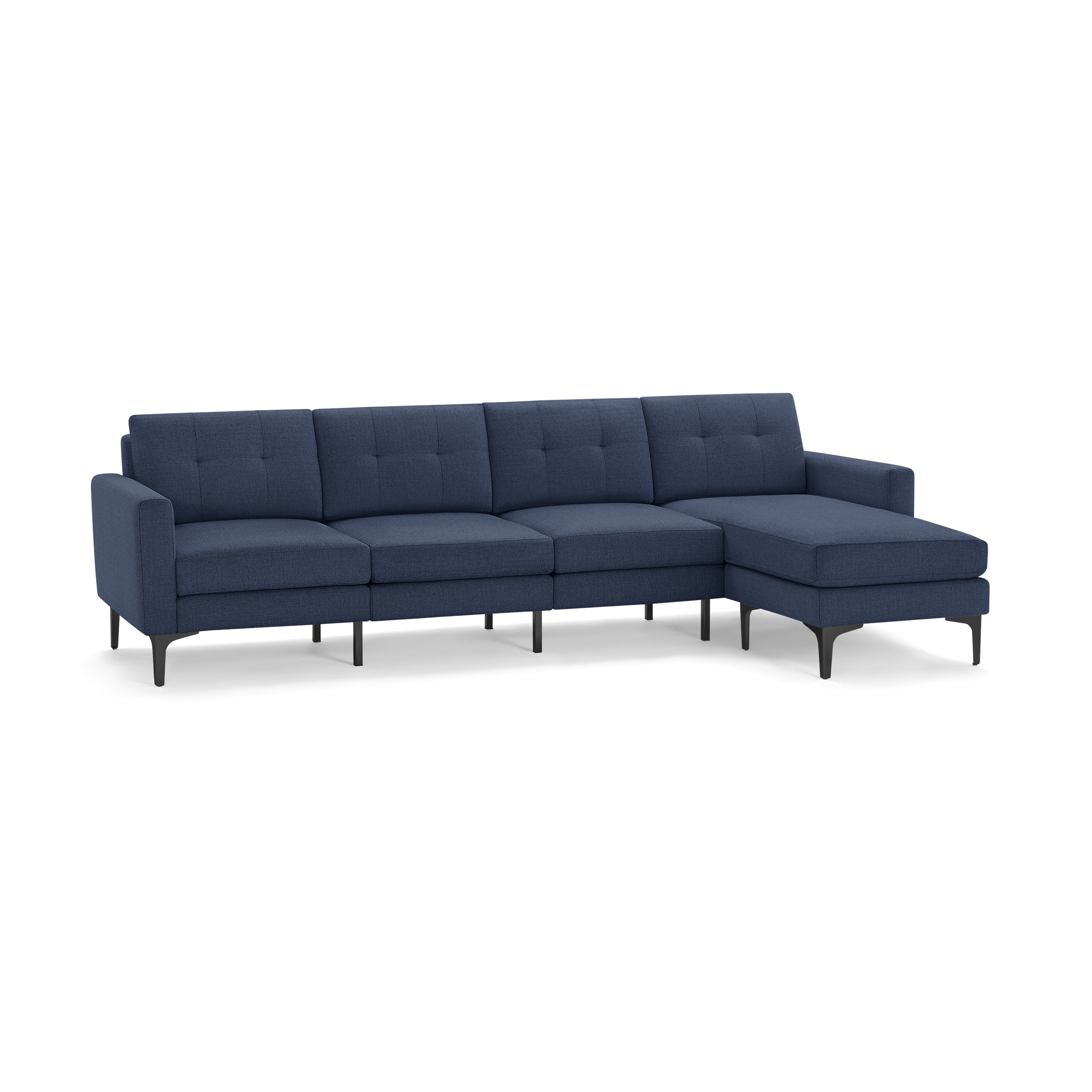 Modern blue fabric sectional sofa with tufted back cushions, angled arms, and black tapered legs, featuring a chaise lounge extension.