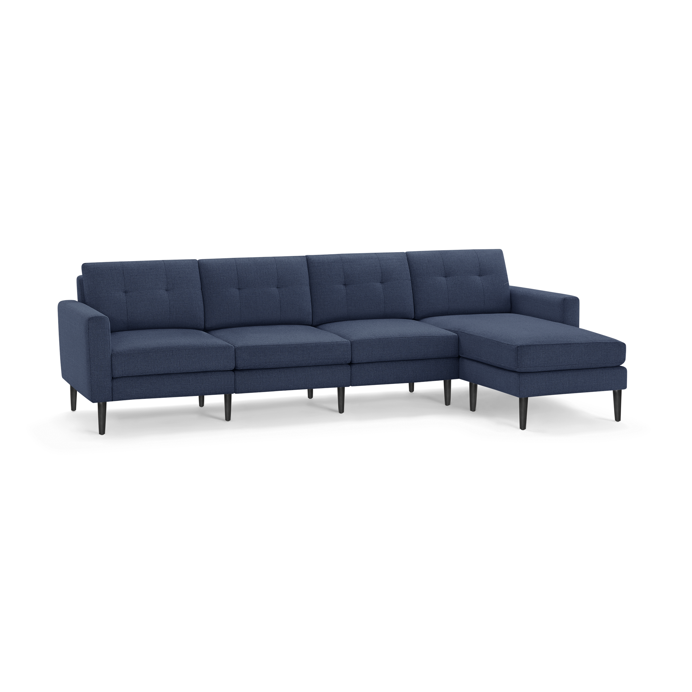 Modern navy blue fabric sectional sofa with tufted back cushions and black tapered legs, featuring a chaise lounge on the right side.