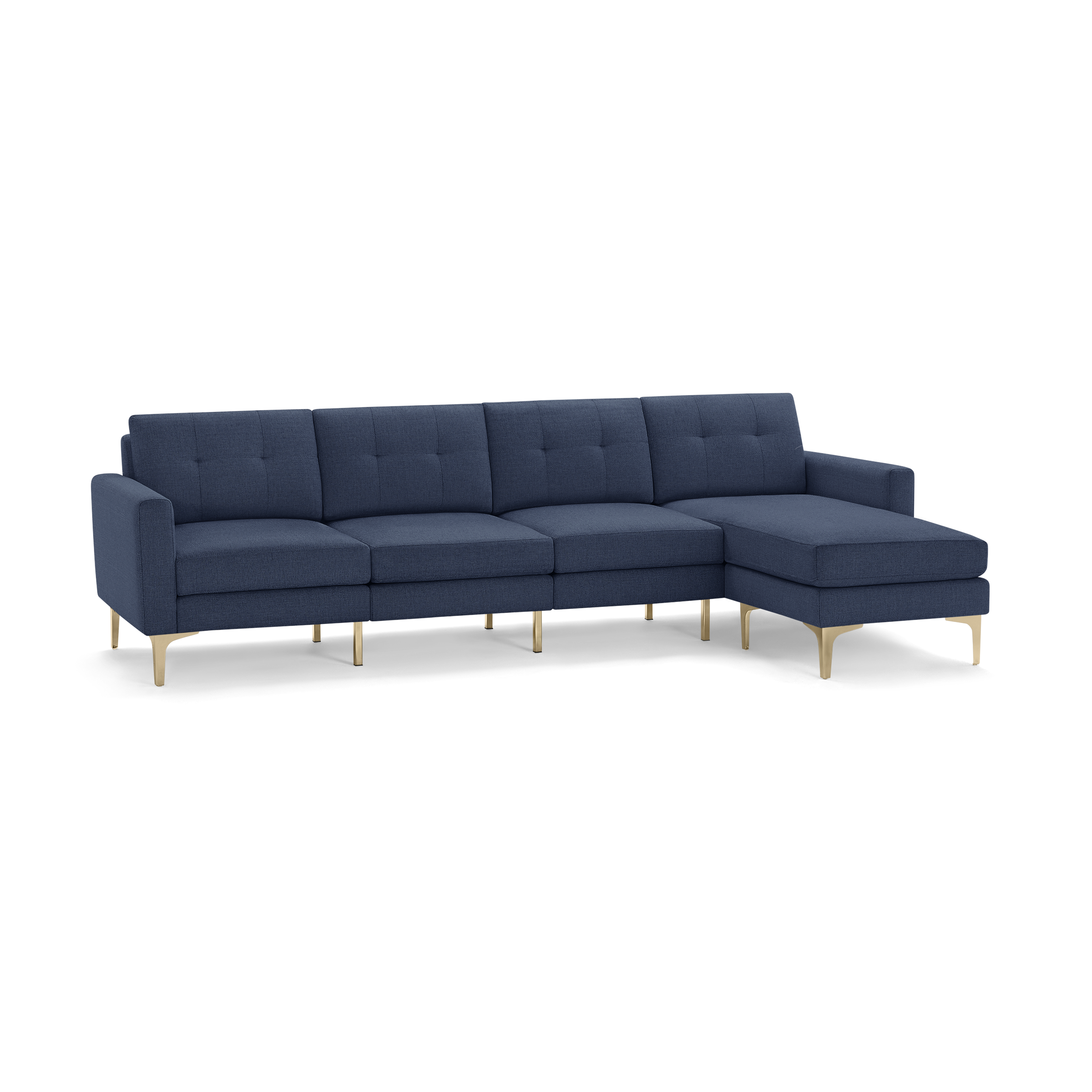 Modern navy blue sectional sofa with tufted cushions, metal legs, and right-side chaise lounge for spacious seating.