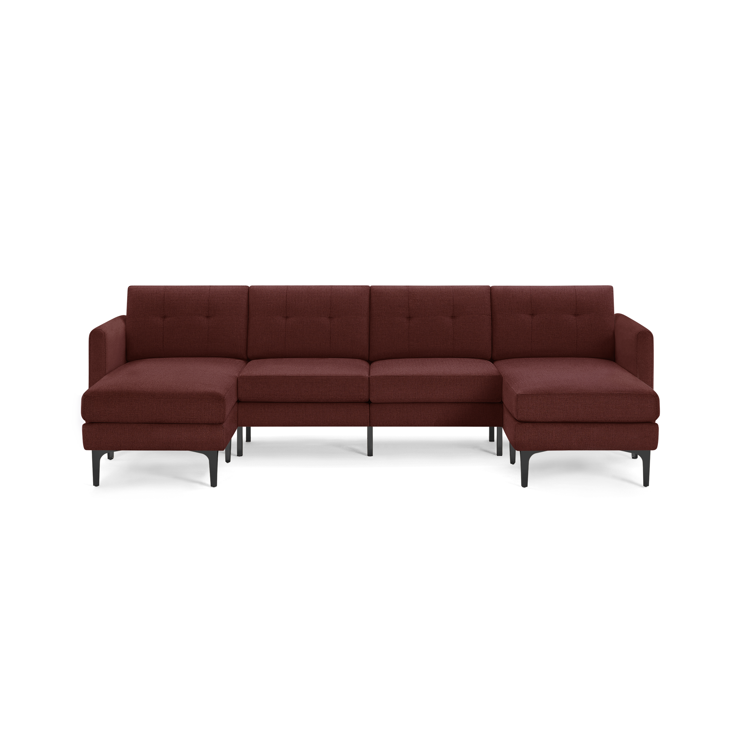Modern L-shaped sectional sofa in deep burgundy fabric with button-tufted back cushions and black tapered legs.