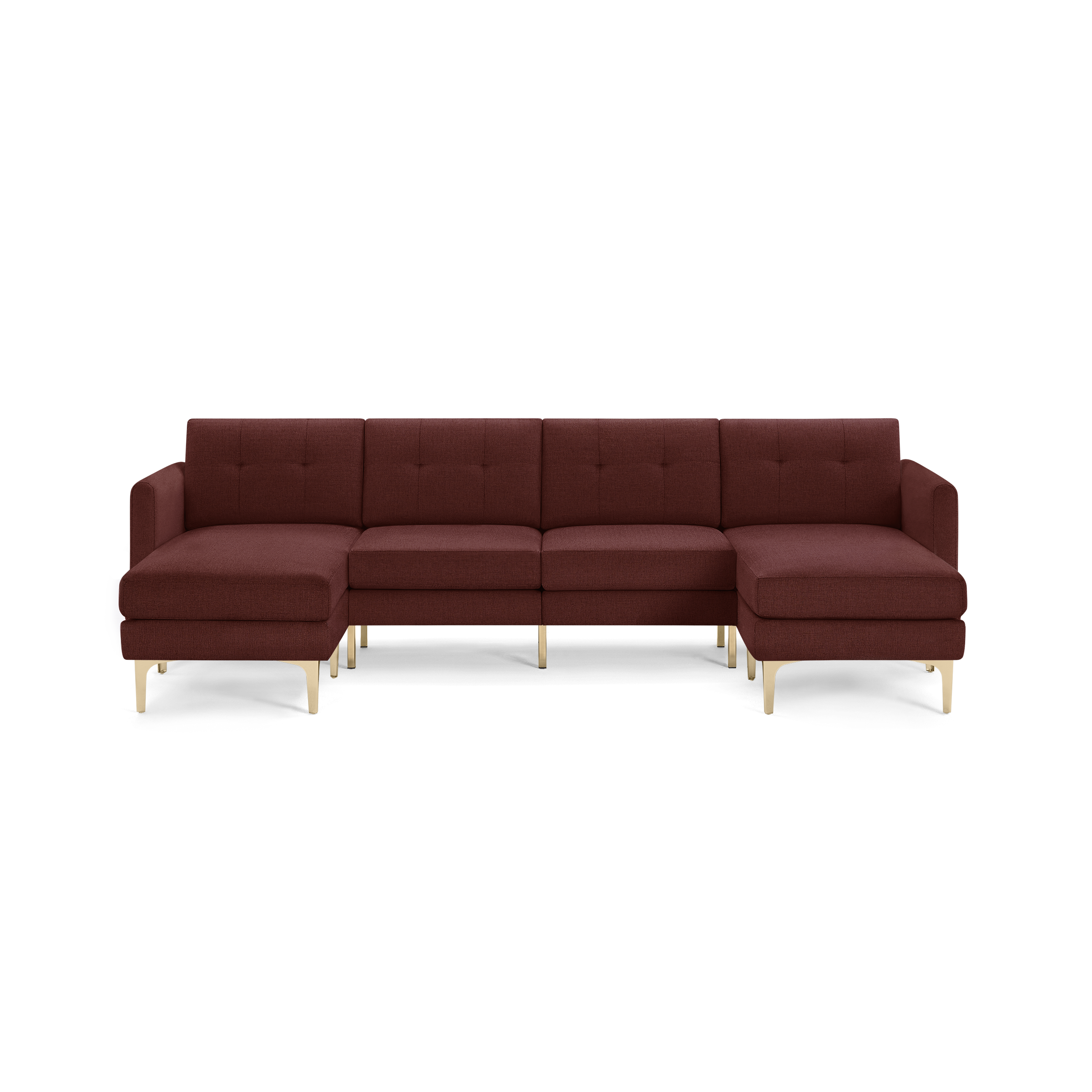 Modern sectional sofa with rich burgundy upholstery, tufted back cushions, and light wooden legs, featuring left and right chaise lounges.