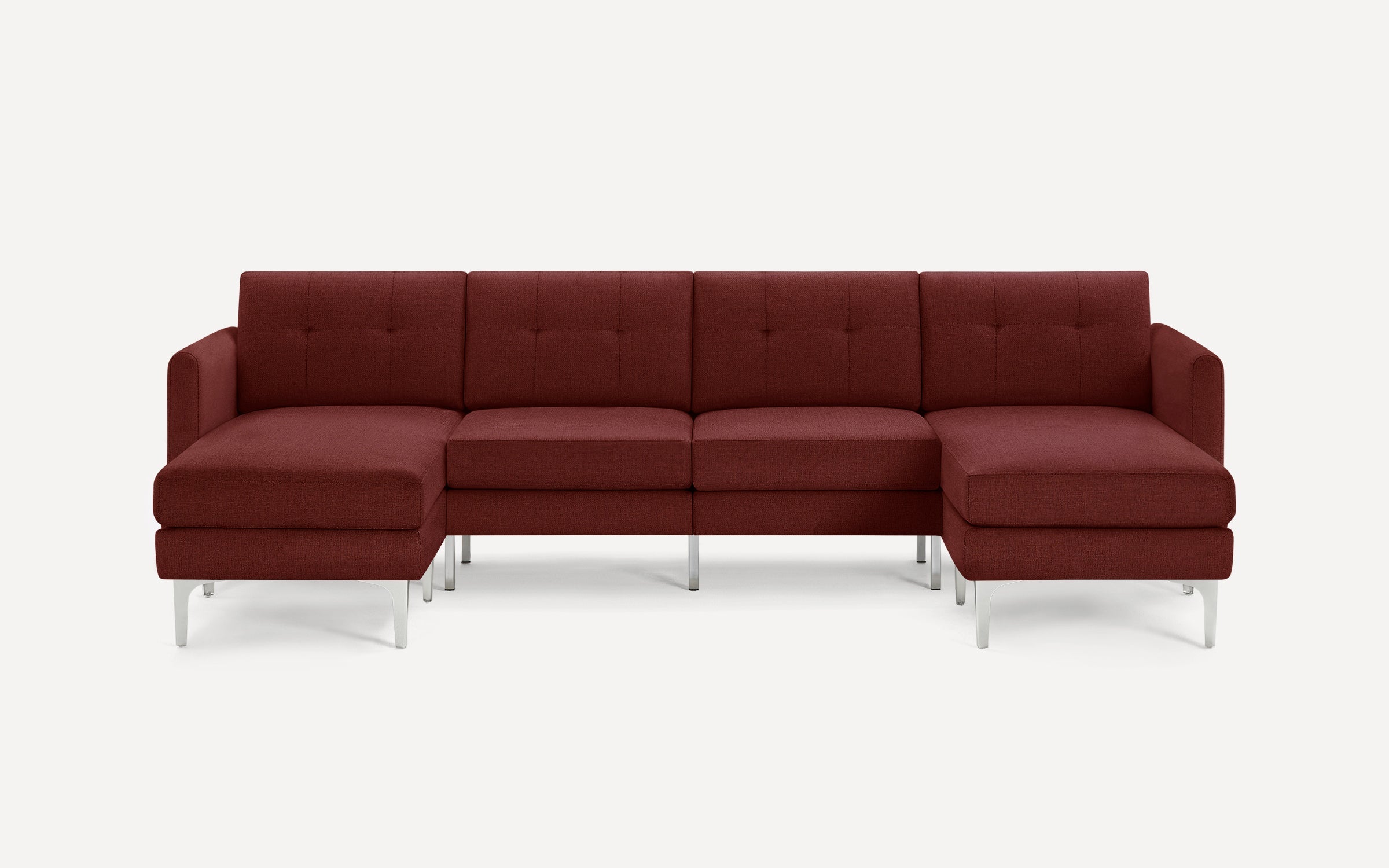Modern sectional sofa with deep red fabric upholstery, button-tufted back cushions, and sleek silver metal legs, featuring left and right chaise lounges.