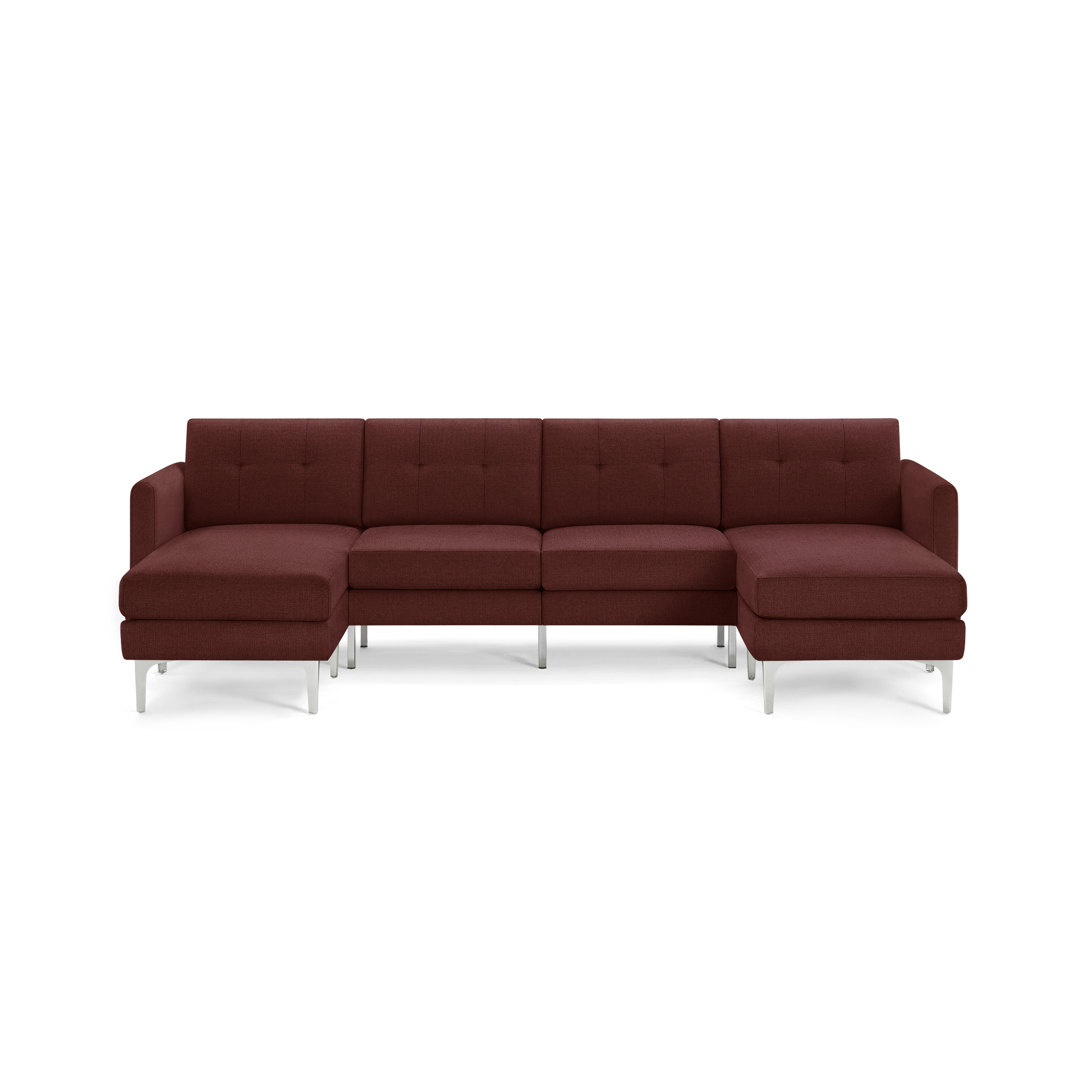Modern sectional sofa in deep red fabric with tufted back cushions, metal legs, and chaise lounge on both ends.