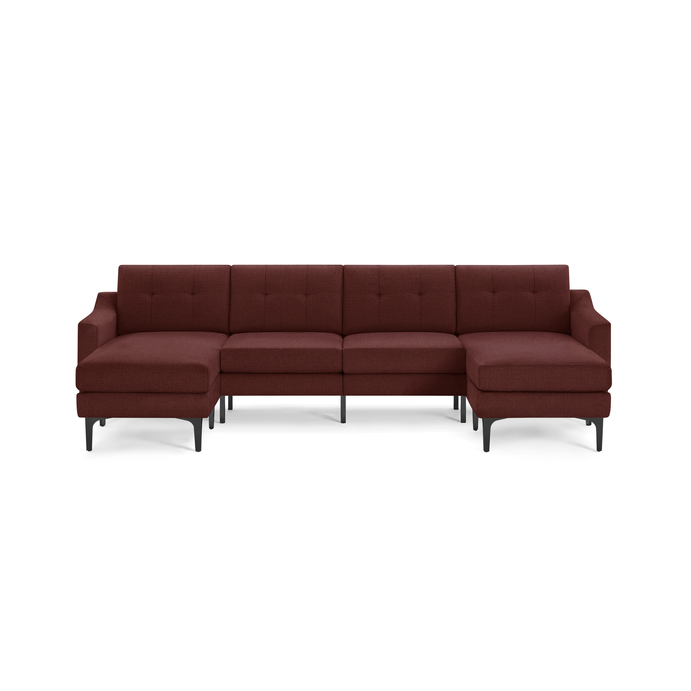Modern sectional sofa with deep red fabric upholstery, tufted back cushions, and black slender legs, featuring left and right chaise ends.