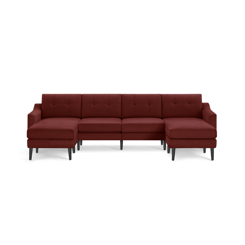 Modern L-shaped sectional sofa with tufted back cushions, upholstered in dark red fabric, supported by black wooden legs.