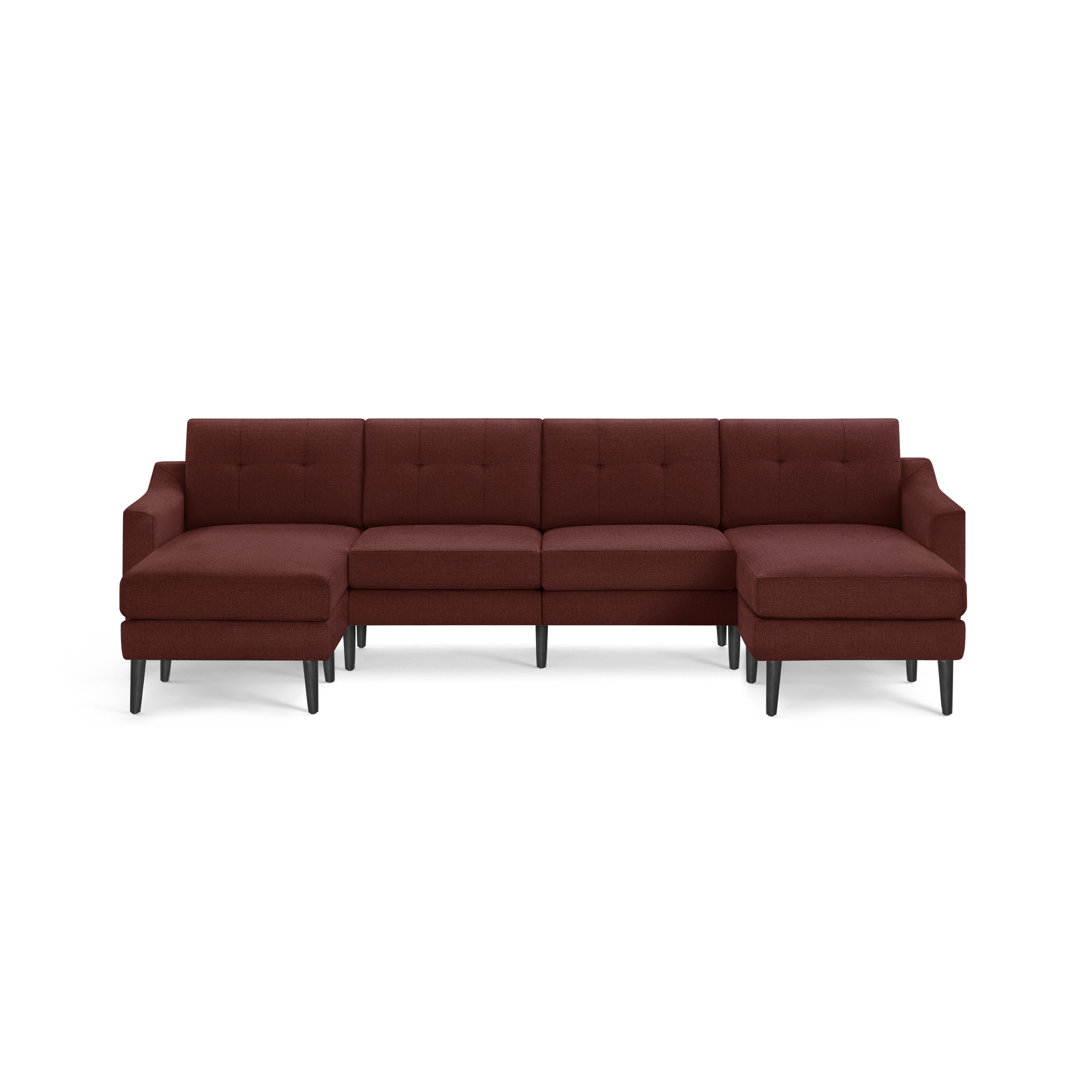 Modern L-shaped sectional sofa with tufted back cushions, upholstered in dark red fabric, supported by black wooden legs.