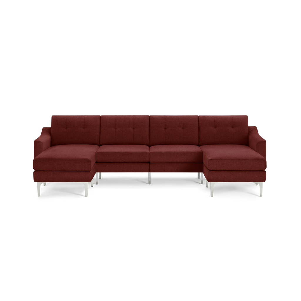 Modern dark red sectional sofa with tufted cushions, metal legs, and L-shaped design featuring chaise lounges on both ends.